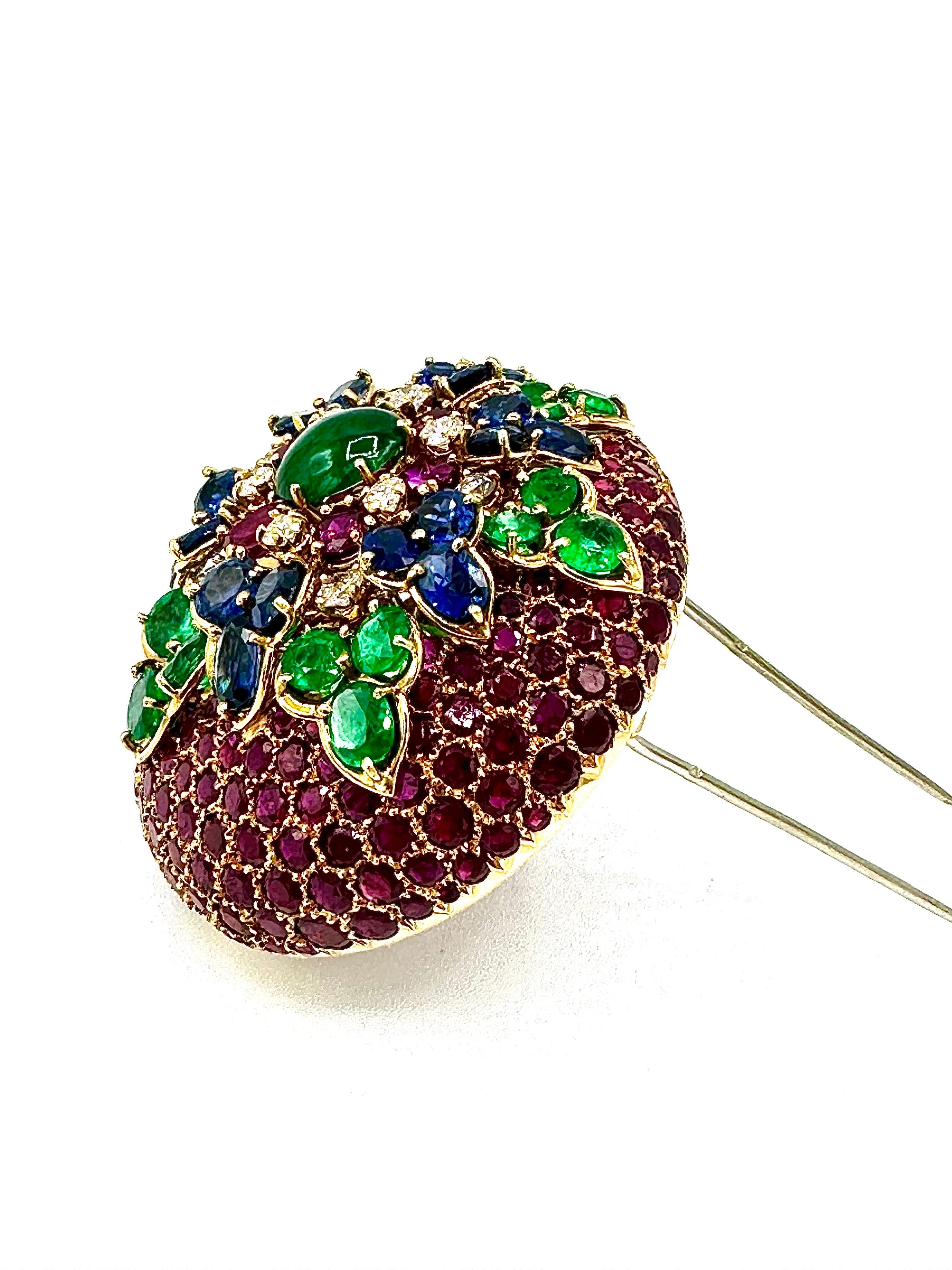 Cabochon French Made Ruby Emerald Sapphire and Diamond 18K Yellow Gold Brooch For Sale