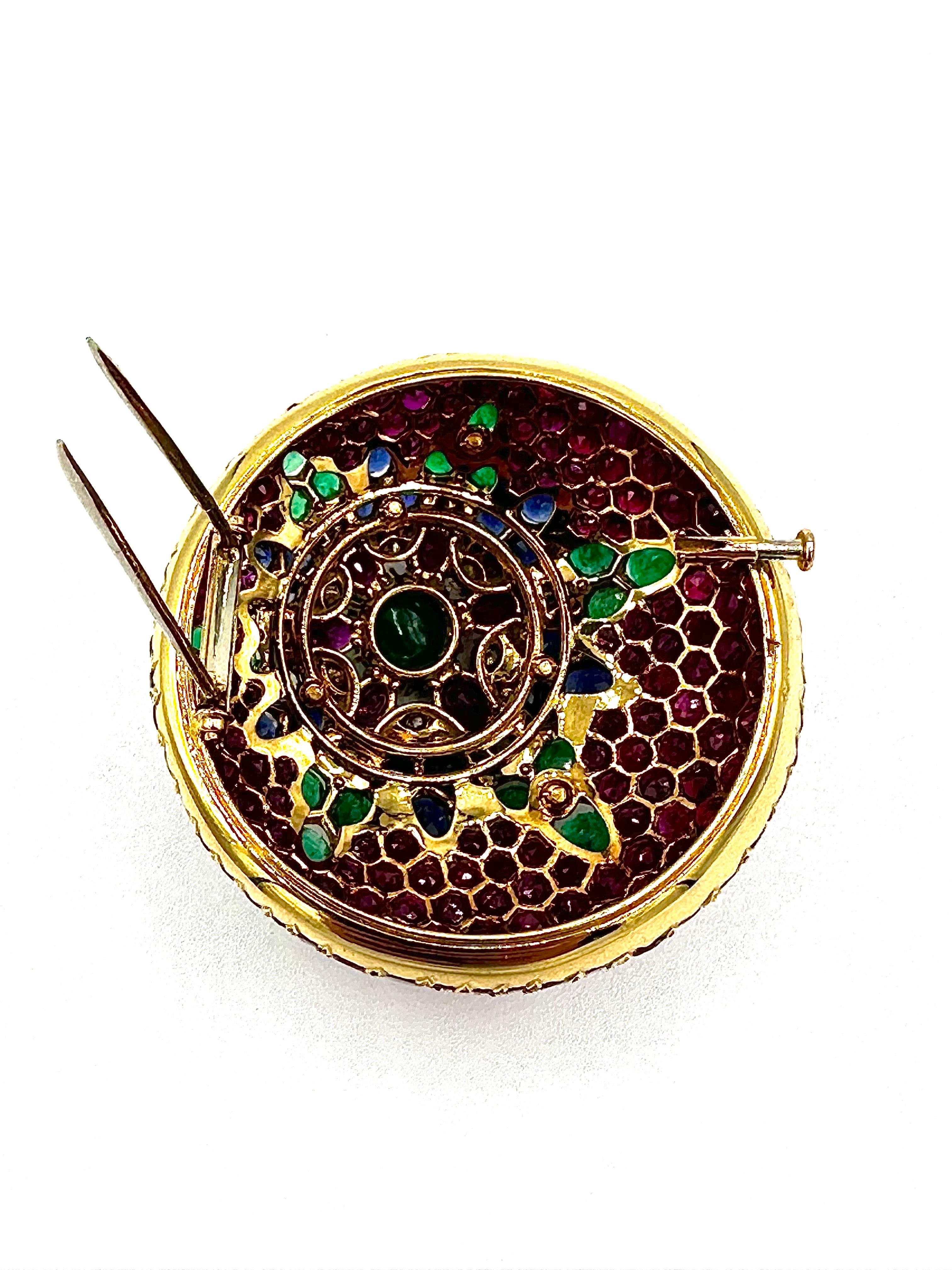 French Made Ruby Emerald Sapphire and Diamond 18K Yellow Gold Brooch In Good Condition For Sale In Chevy Chase, MD