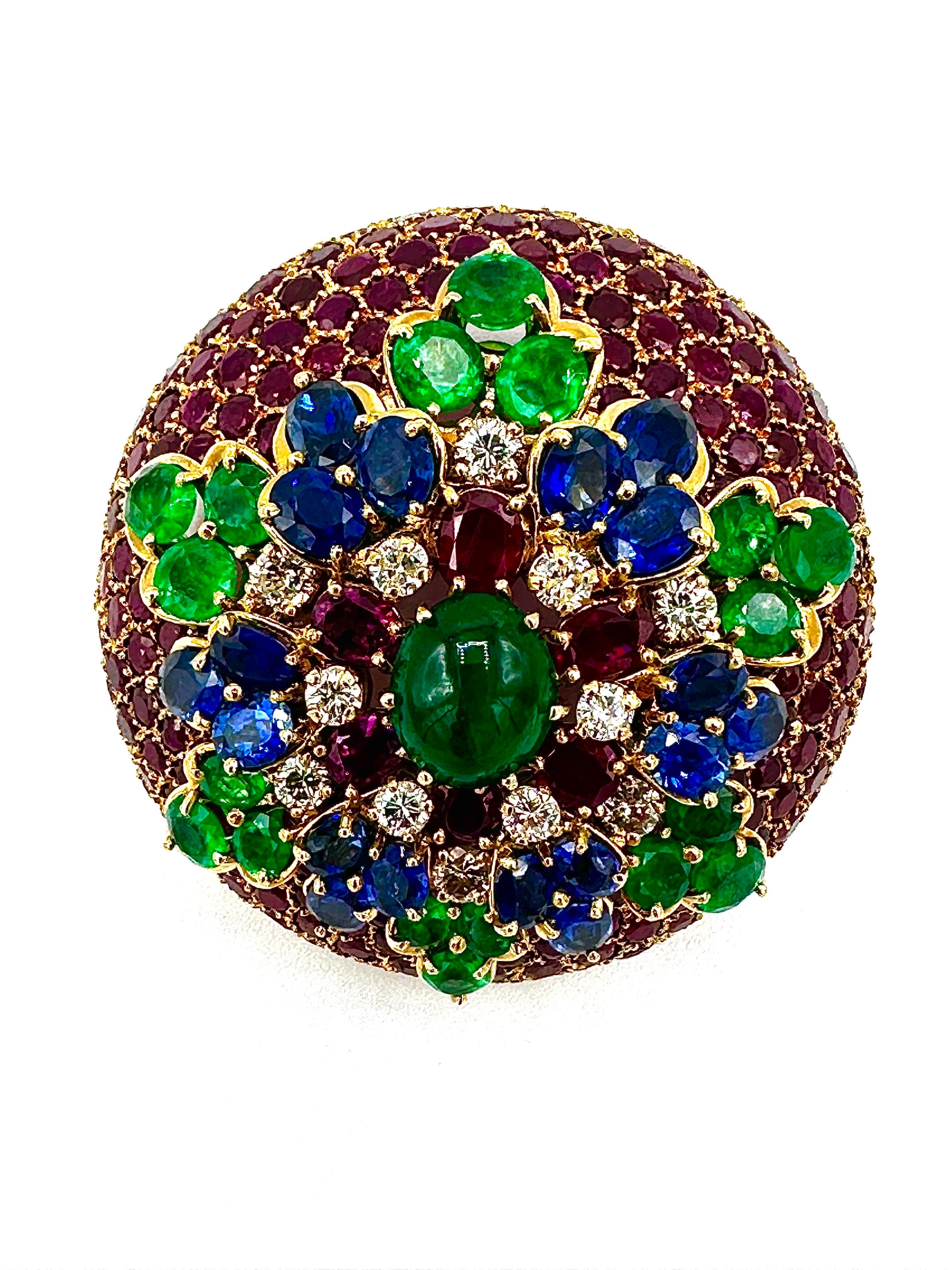 French Made Ruby Emerald Sapphire and Diamond 18K Yellow Gold Brooch For Sale 1