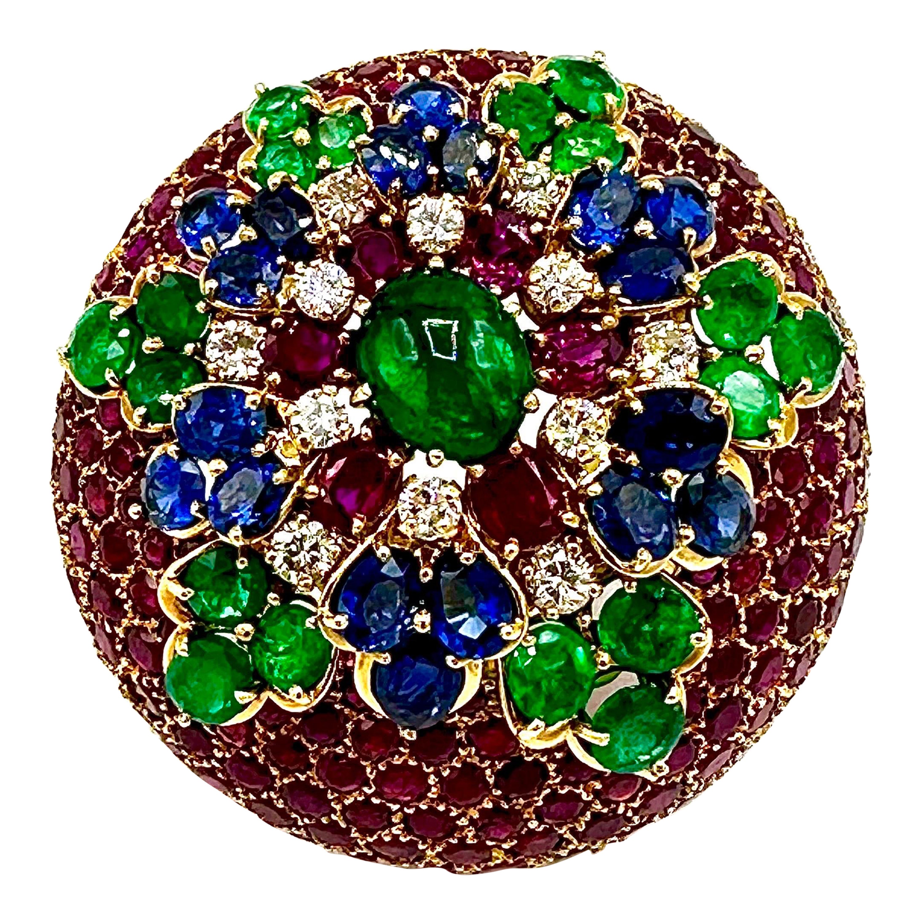 Brosche aus 18 Karat Gelbgold mit Rubin, Smaragd, Saphir und Diamant