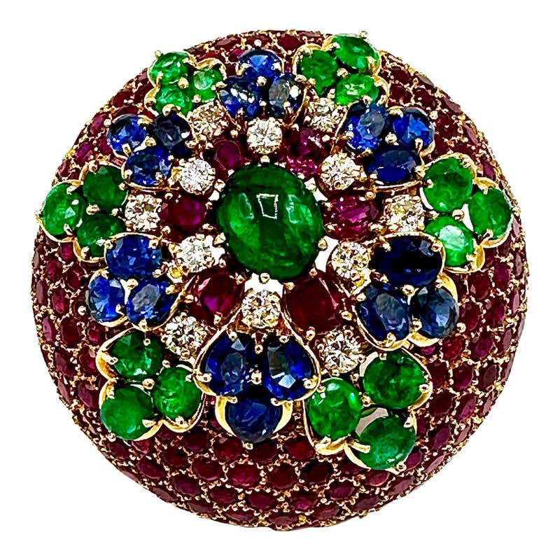 Bochic “Orient” Multi Sapphires and Ruby Brooch Set In 18K Gold and ...