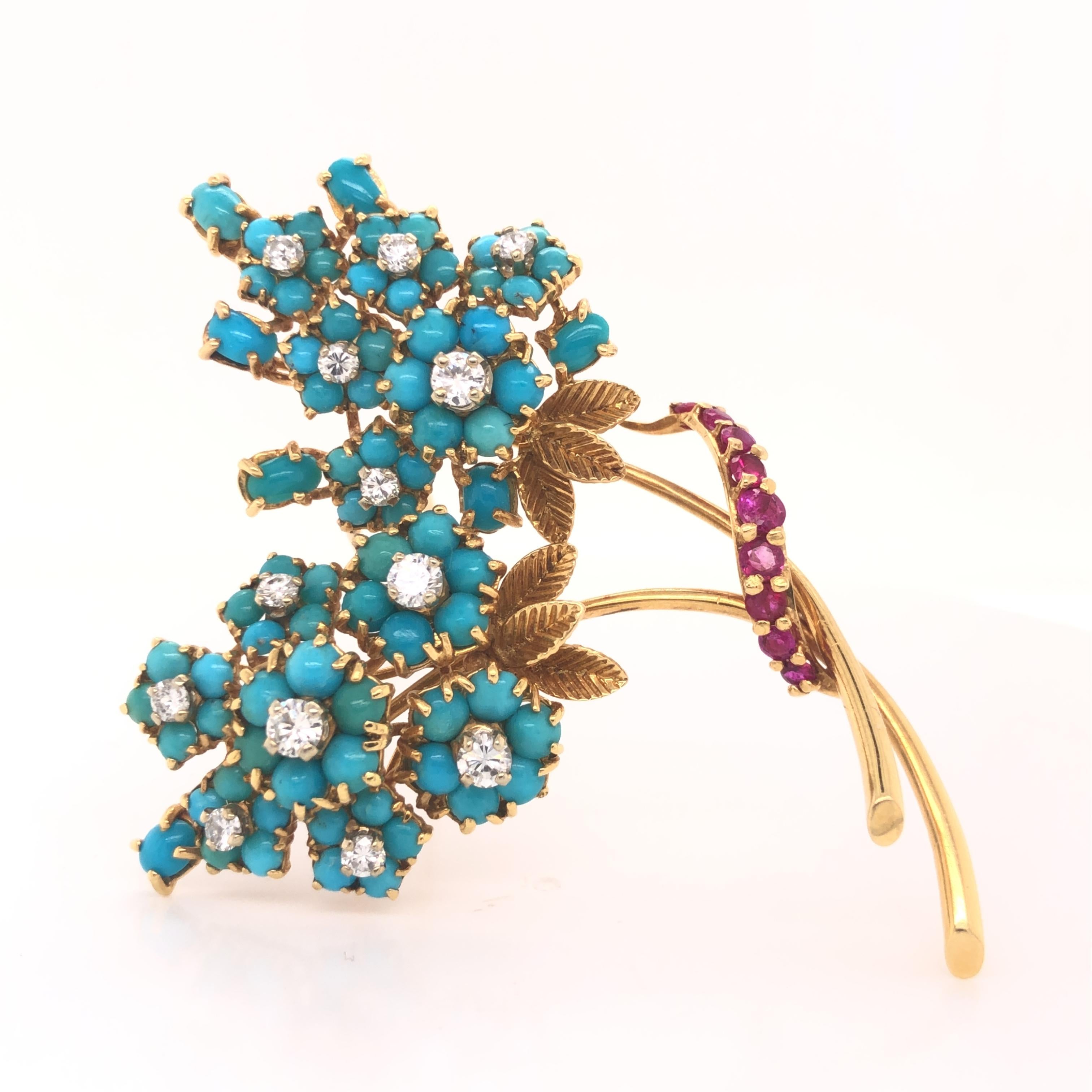Retro French Made Turquoise Diamond & Ruby Floral Brooch 18k