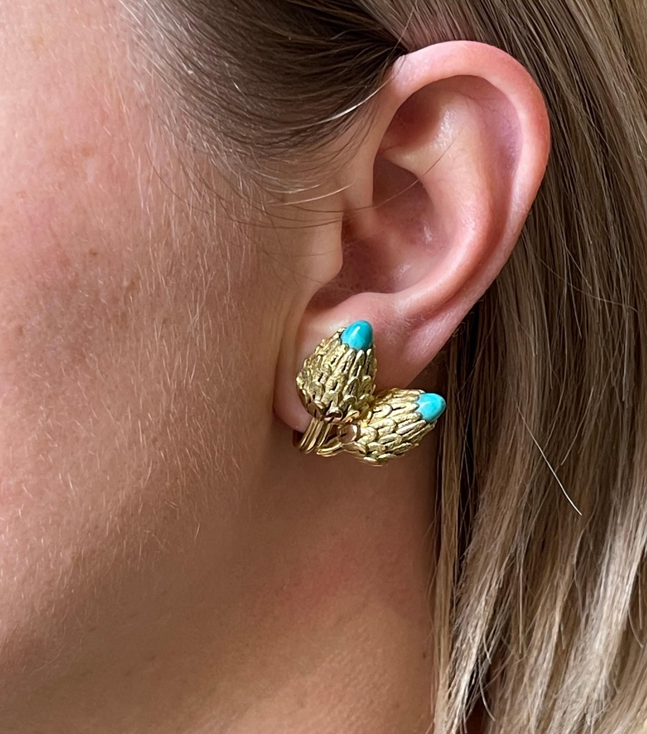 Pair of vintage French made 18k gold acorn earrings, with turquoise gemstones. Earrings measure 1 1/8