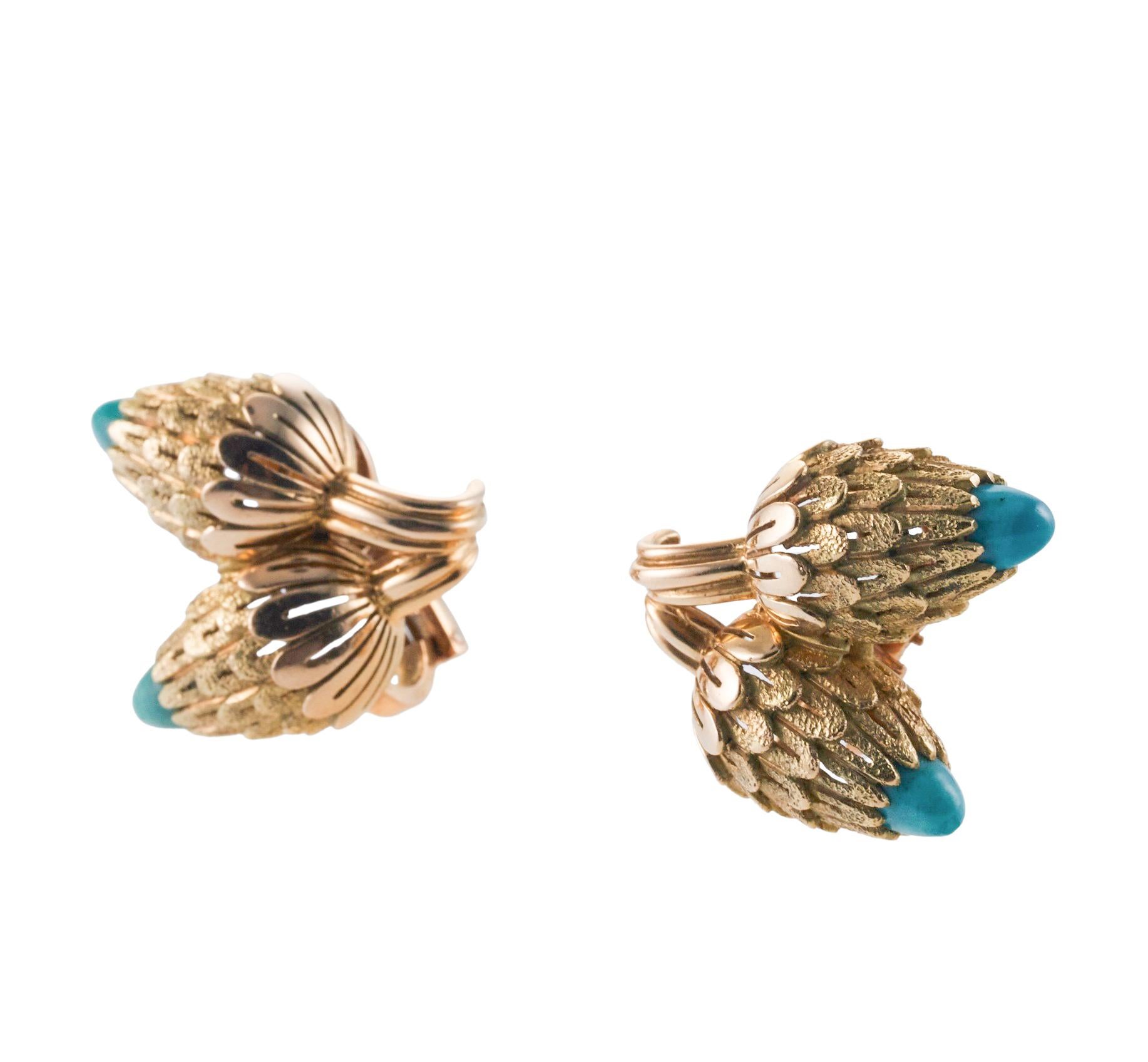Round Cut French Made Turquoise Gold Acorn Earrings For Sale
