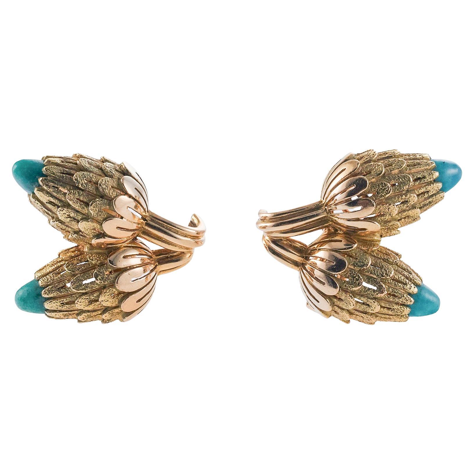 French Made Turquoise Gold Acorn Earrings For Sale