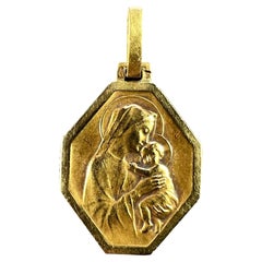 Vintage French Madonna and Child 18K Yellow Gold Medal Pendant