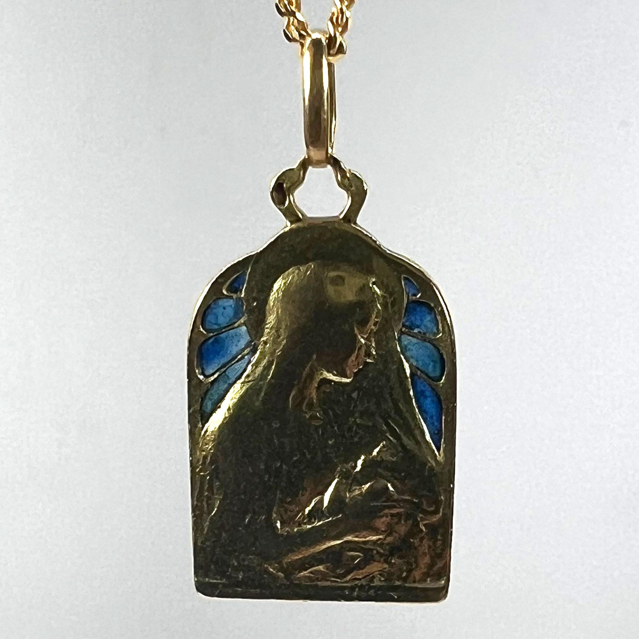 Women's or Men's French Madonna and Child Plique A Jour Enamel 18K Yellow Gold Charm Pendant For Sale