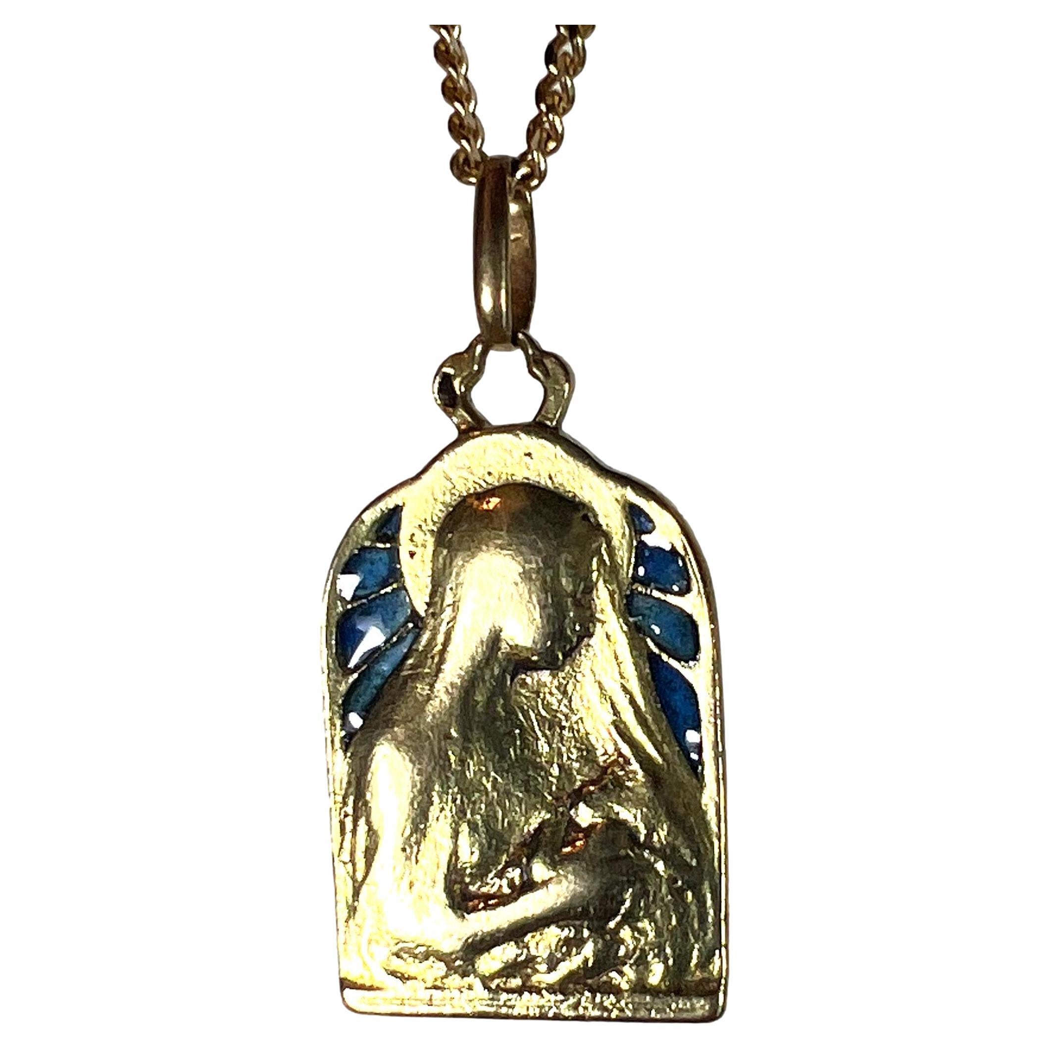 French Madonna and Child Plique A Jour Enamel 18K Yellow Gold Charm Pendant