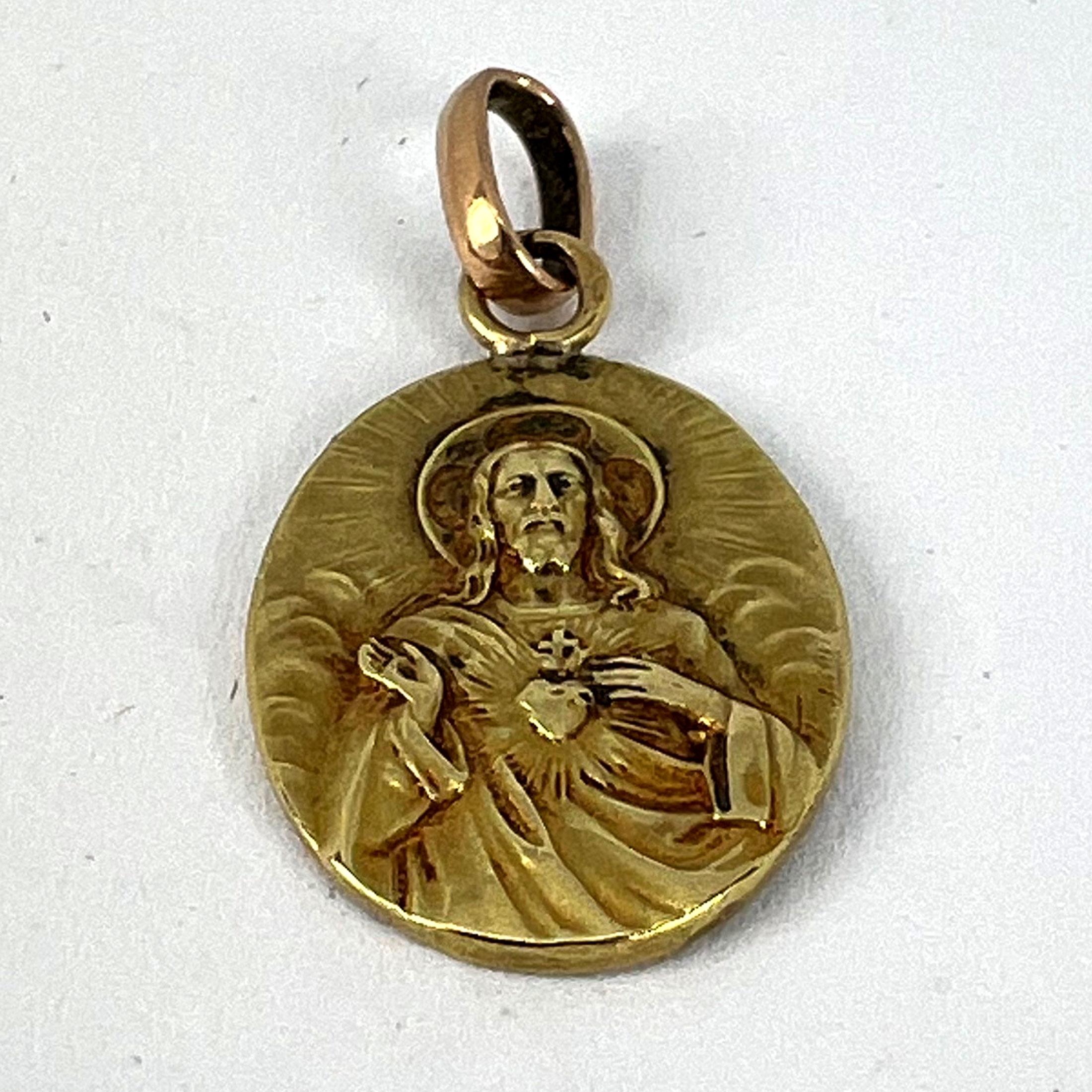 French Madonna and Child Sacred Heart 18K Yellow Gold Medal Pendant For Sale 9