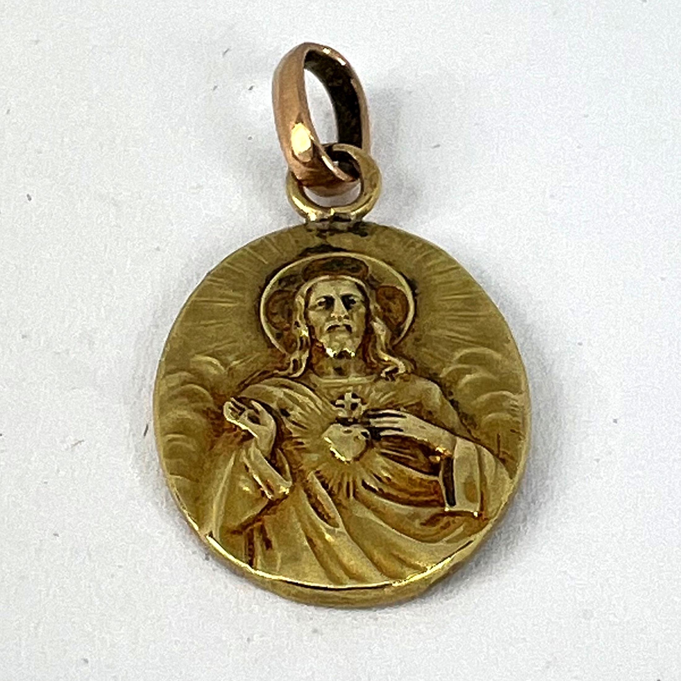 French Madonna and Child Sacred Heart 18K Yellow Gold Medal Pendant 8