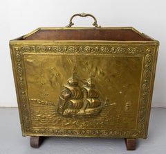 French Magazine Rack Embossed Brass & Wood Representing Spanish Galleons c. 1960