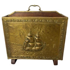 French Magazine Rack Embossed Brass & Wood Representing Spanish Galleons c. 1960
