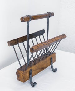 French Magazine Rack Stand Wrought Iron and Oak circa 1960