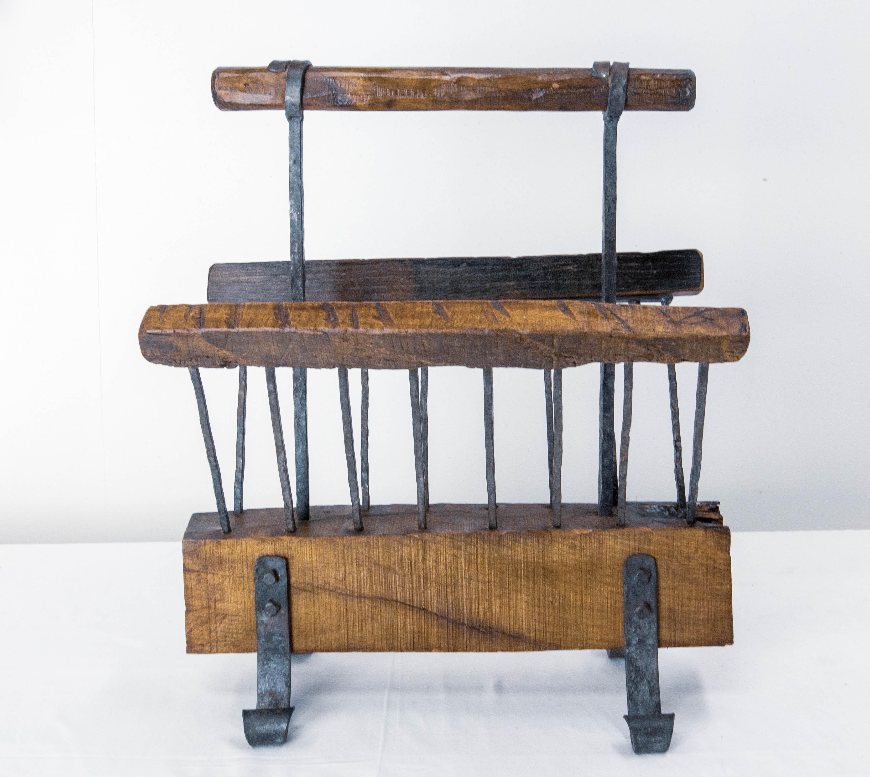 Mid-Century Modern French Magazine Rack Stand Wrought Iron and Oak circa 1960 For Sale