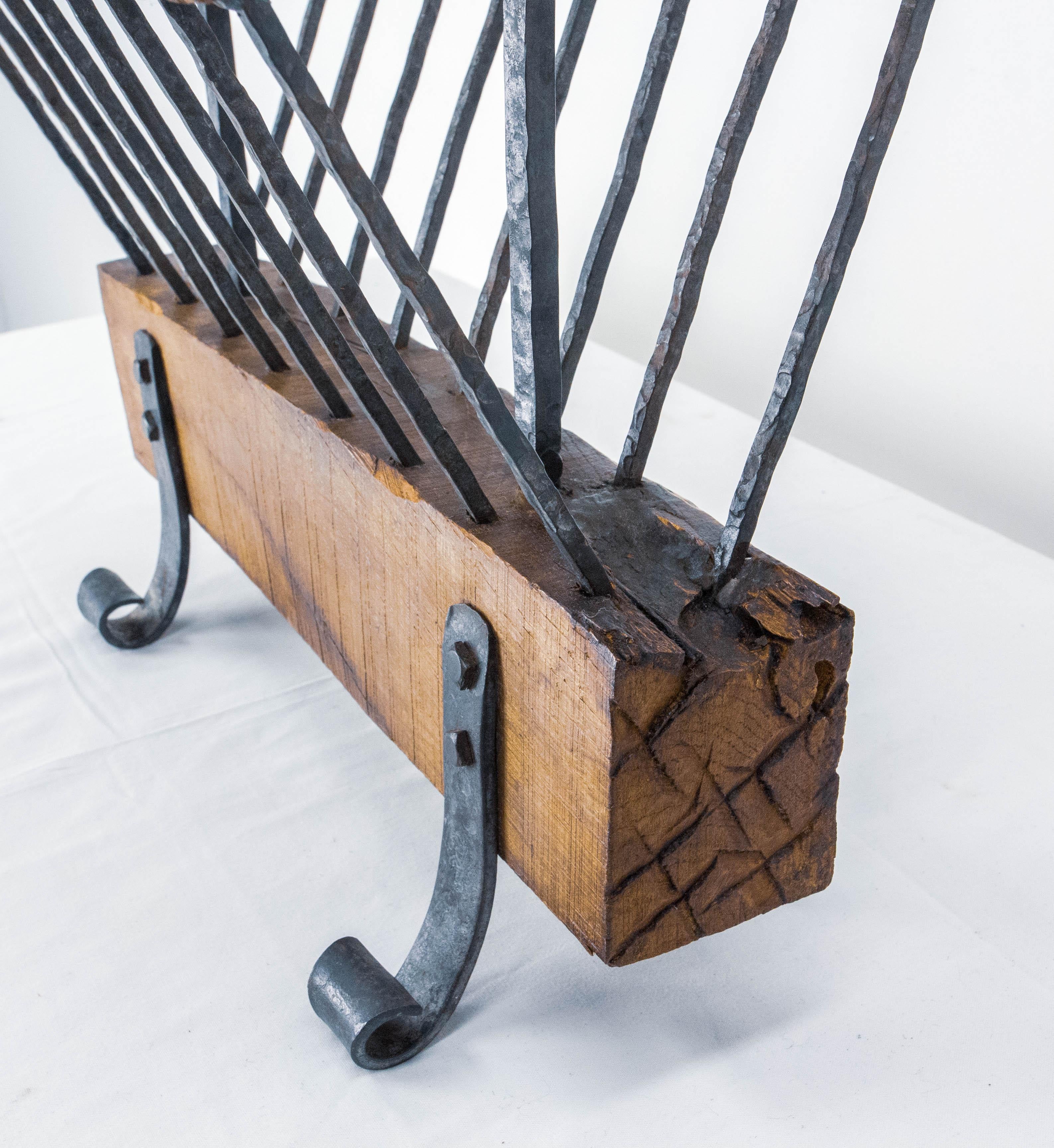 20th Century French Magazine Rack Stand Wrought Iron and Oak circa 1960 For Sale