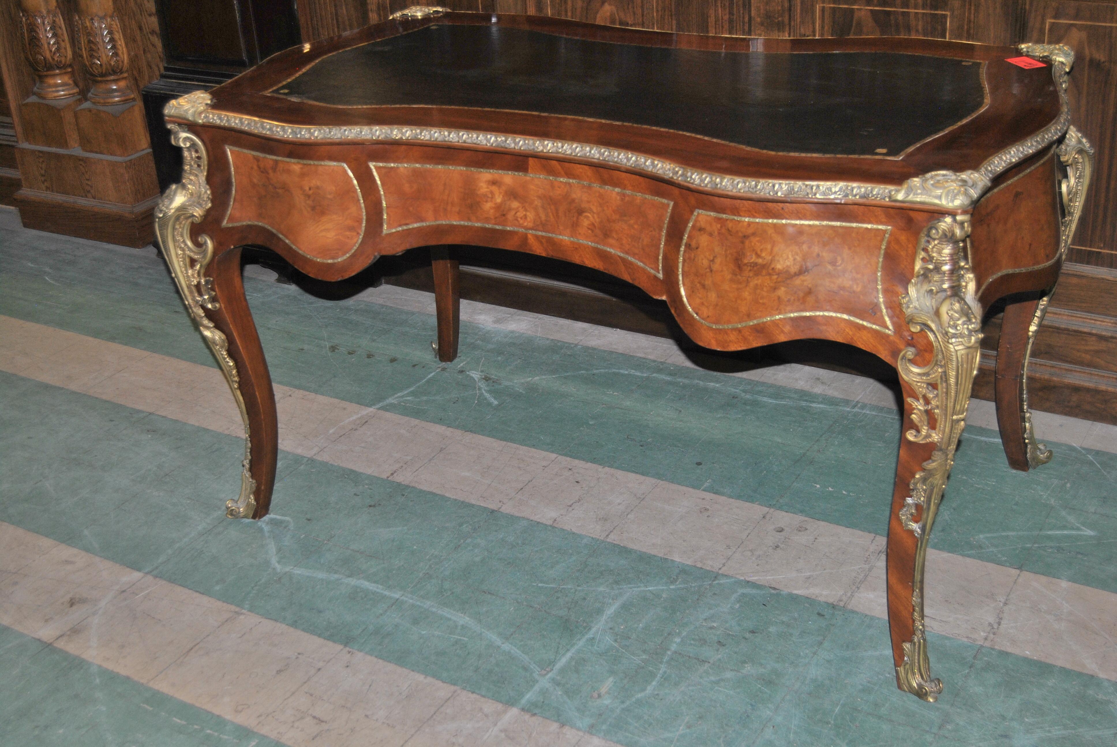 French Mahogany and Burr Walnut Gilt Ormolu Writing Desk / Bureau Plat 1