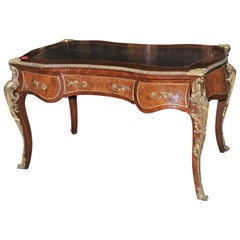 French Mahogany and Burr Walnut Gilt Ormolu Writing Desk / Bureau Plat