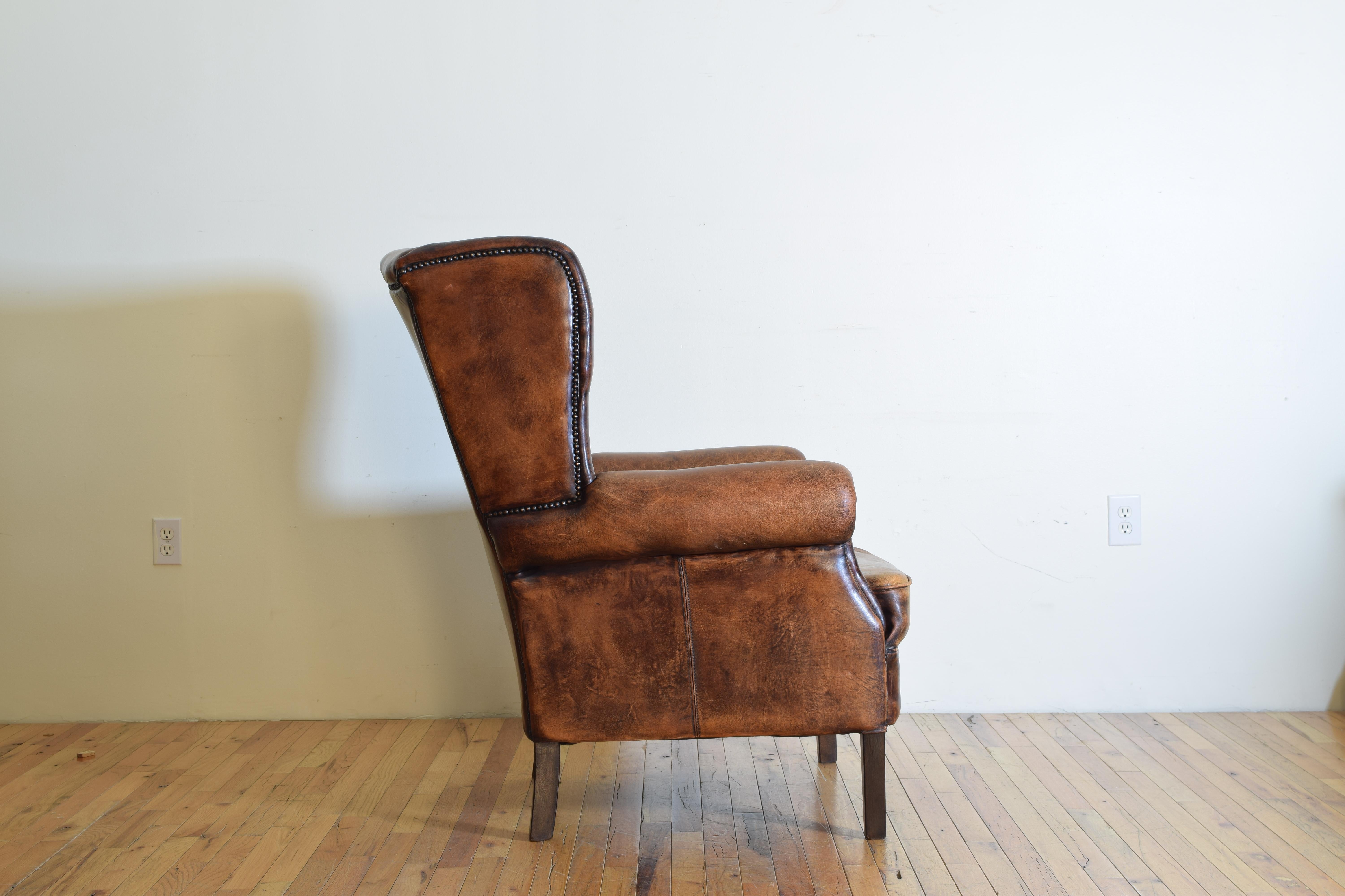 Leather French Mahogany and Sheepskin Upholstered Wingback Chair, 20th Century