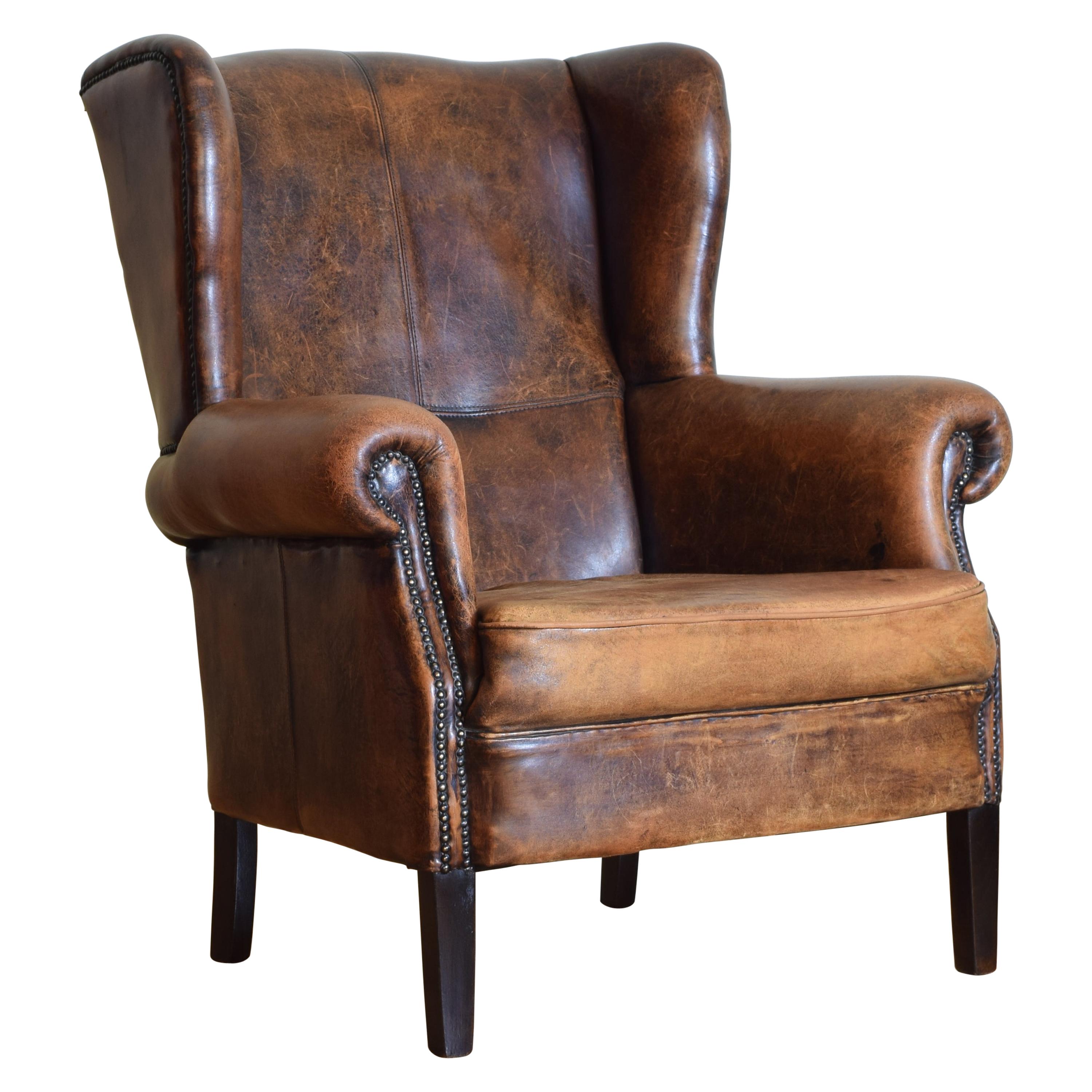 French Mahogany and Sheepskin Upholstered Wingback Chair, 20th Century