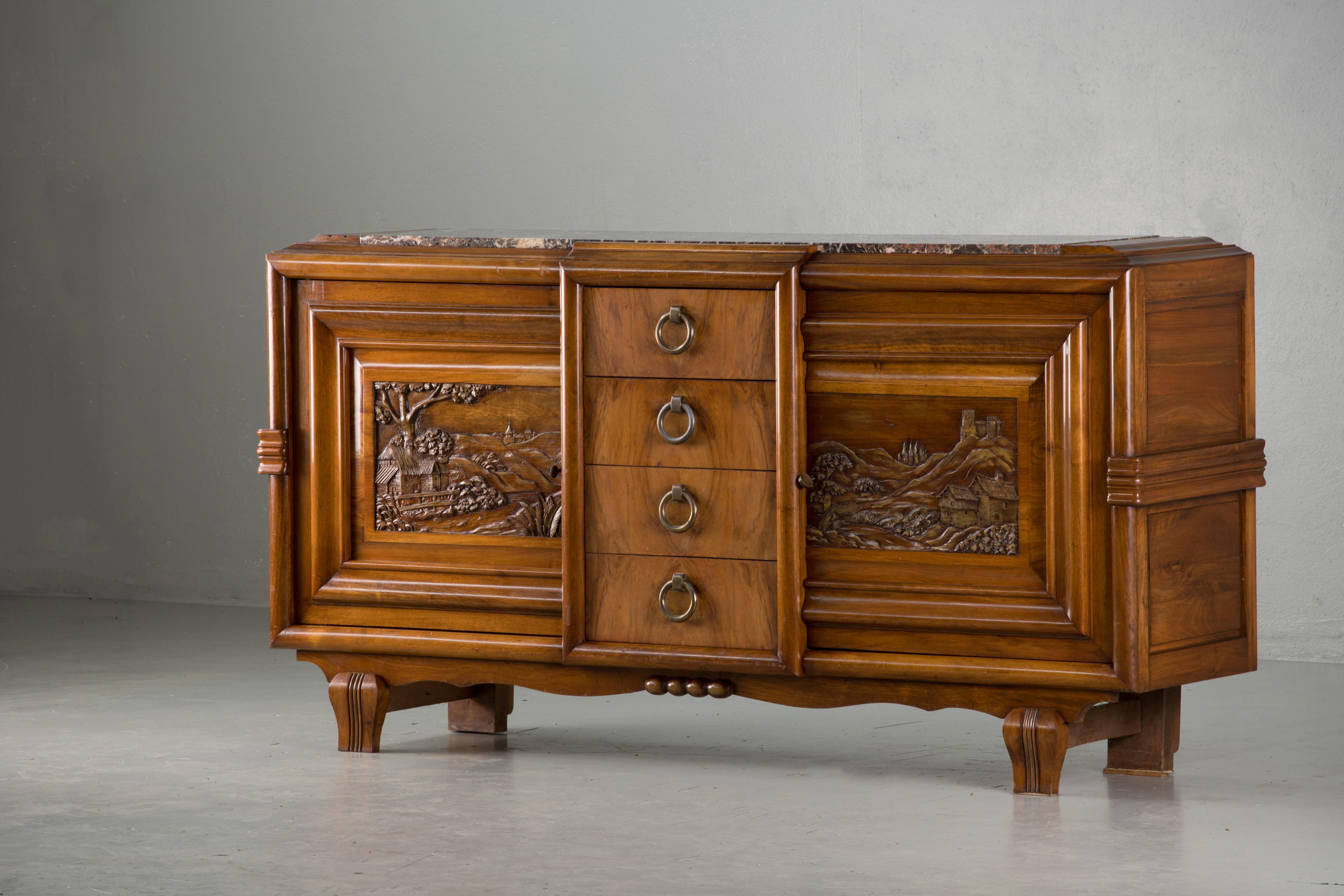 French Mahogany Art Deco Sideboard with Sculptural French Art, 1940s In Good Condition In Wiesbaden, DE
