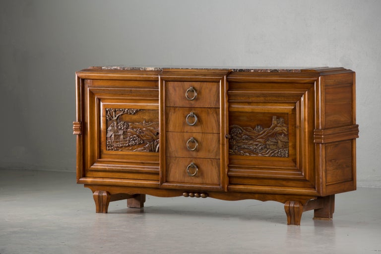French Mahogany Art Deco Sideboard with Sculptural French Art, 1940s In Good Condition For Sale In Wiesbaden, DE
