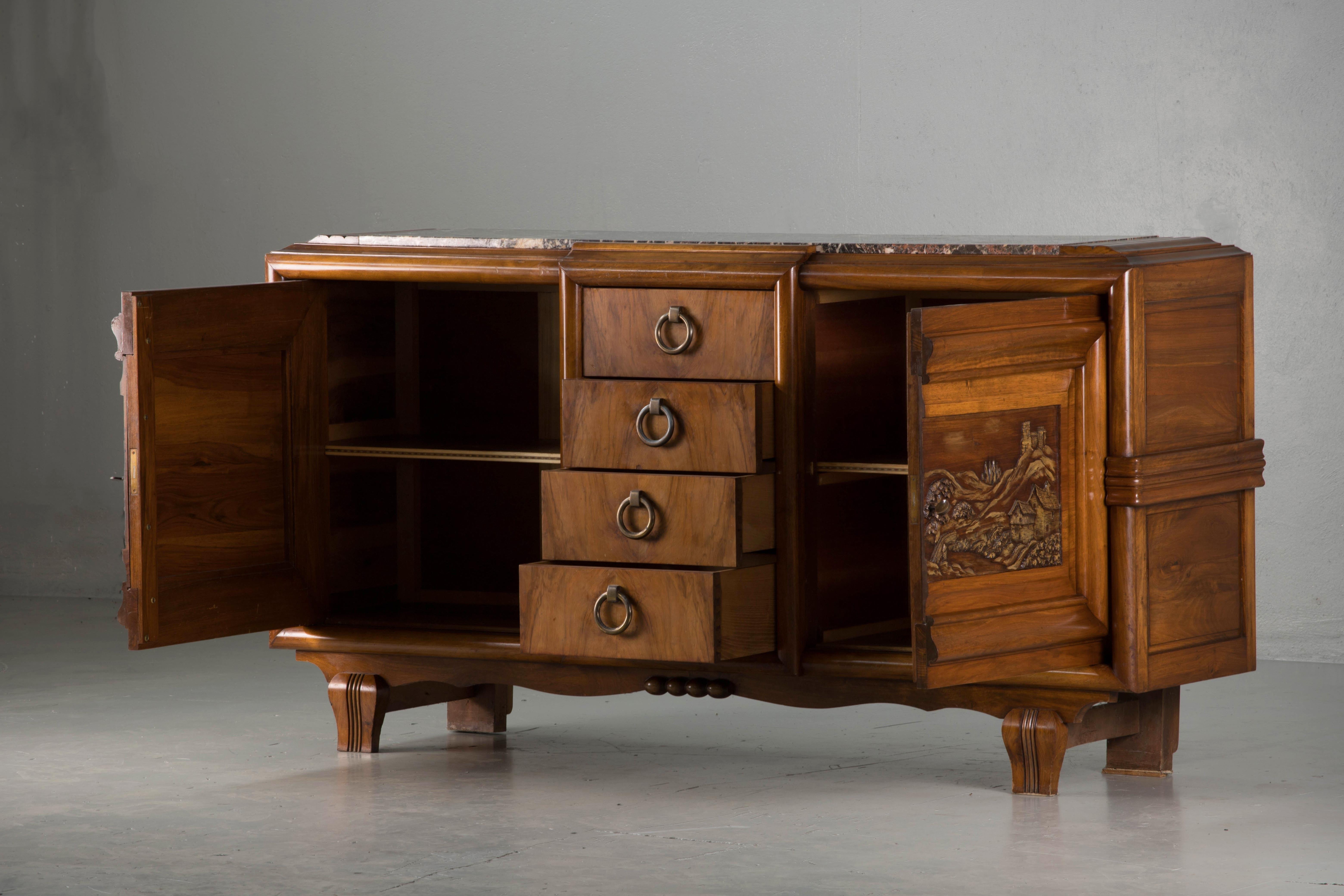20th Century French Mahogany Art Deco Sideboard with Sculptural French Art, 1940s