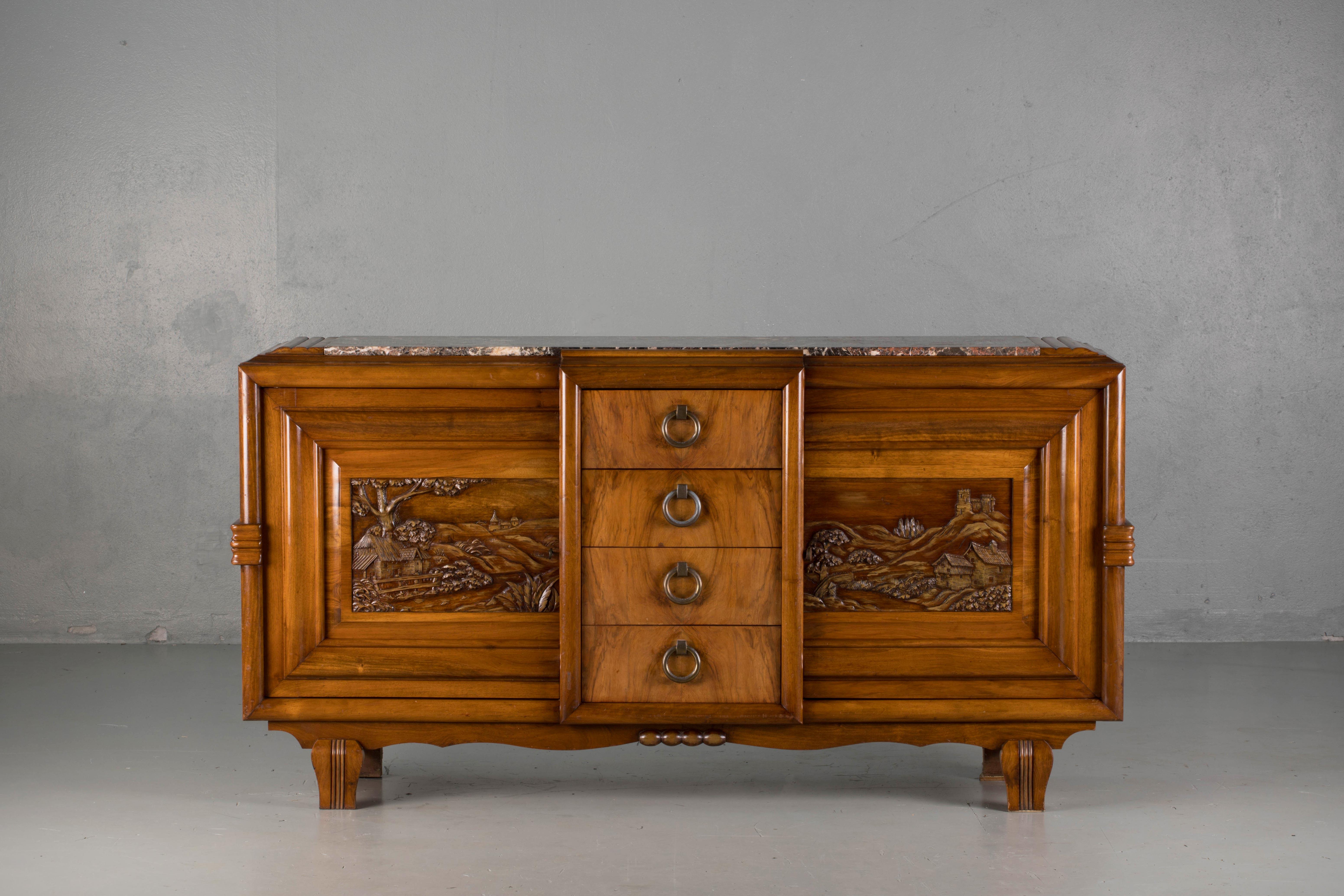 French Mahogany Art Deco Sideboard with Sculptural French Art, 1940s 1