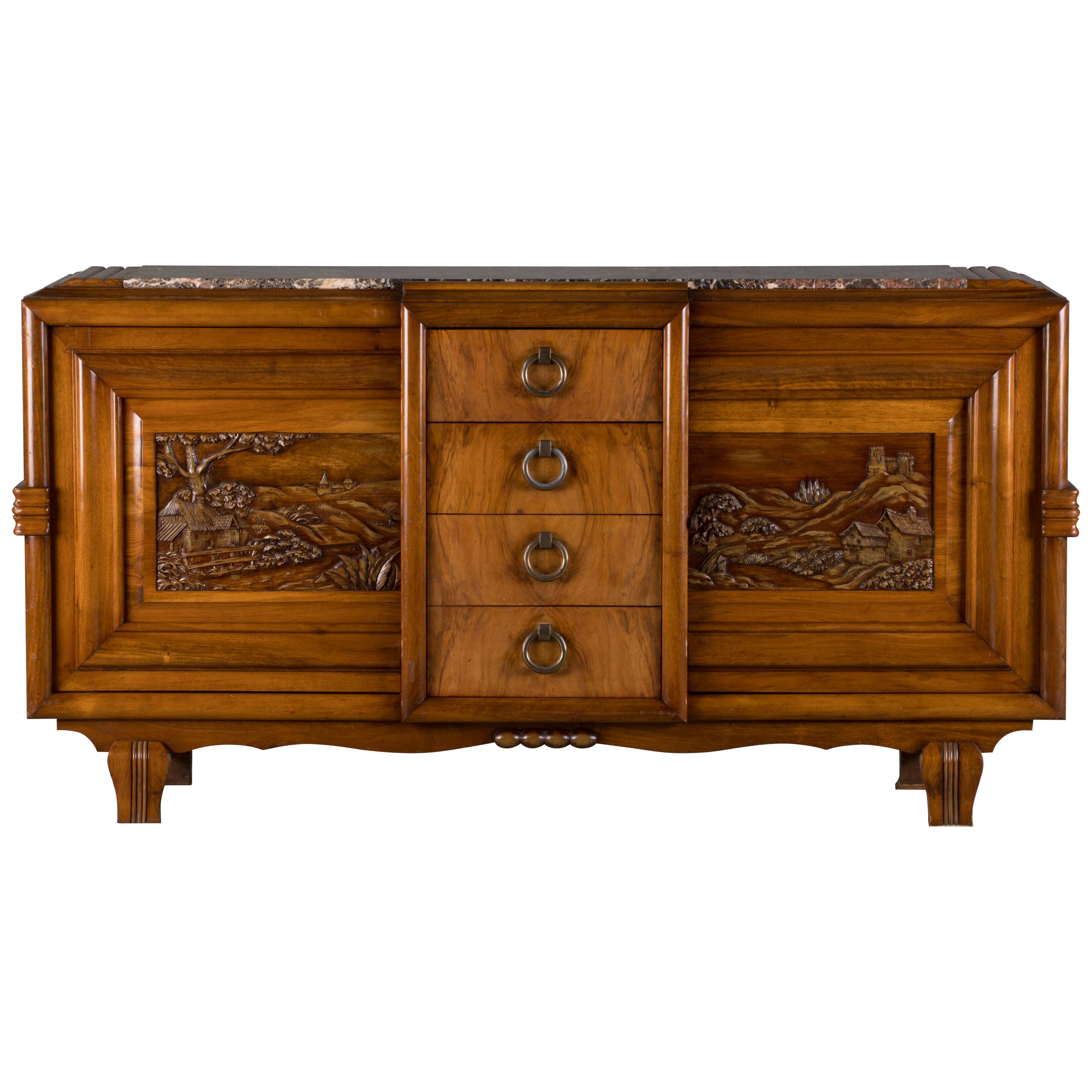 French Mahogany Art Deco Sideboard with Sculptural French Art, 1940s