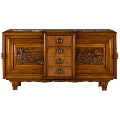 Vintage French Mahogany Art Deco Sideboard with Sculptural French Art, 1940s