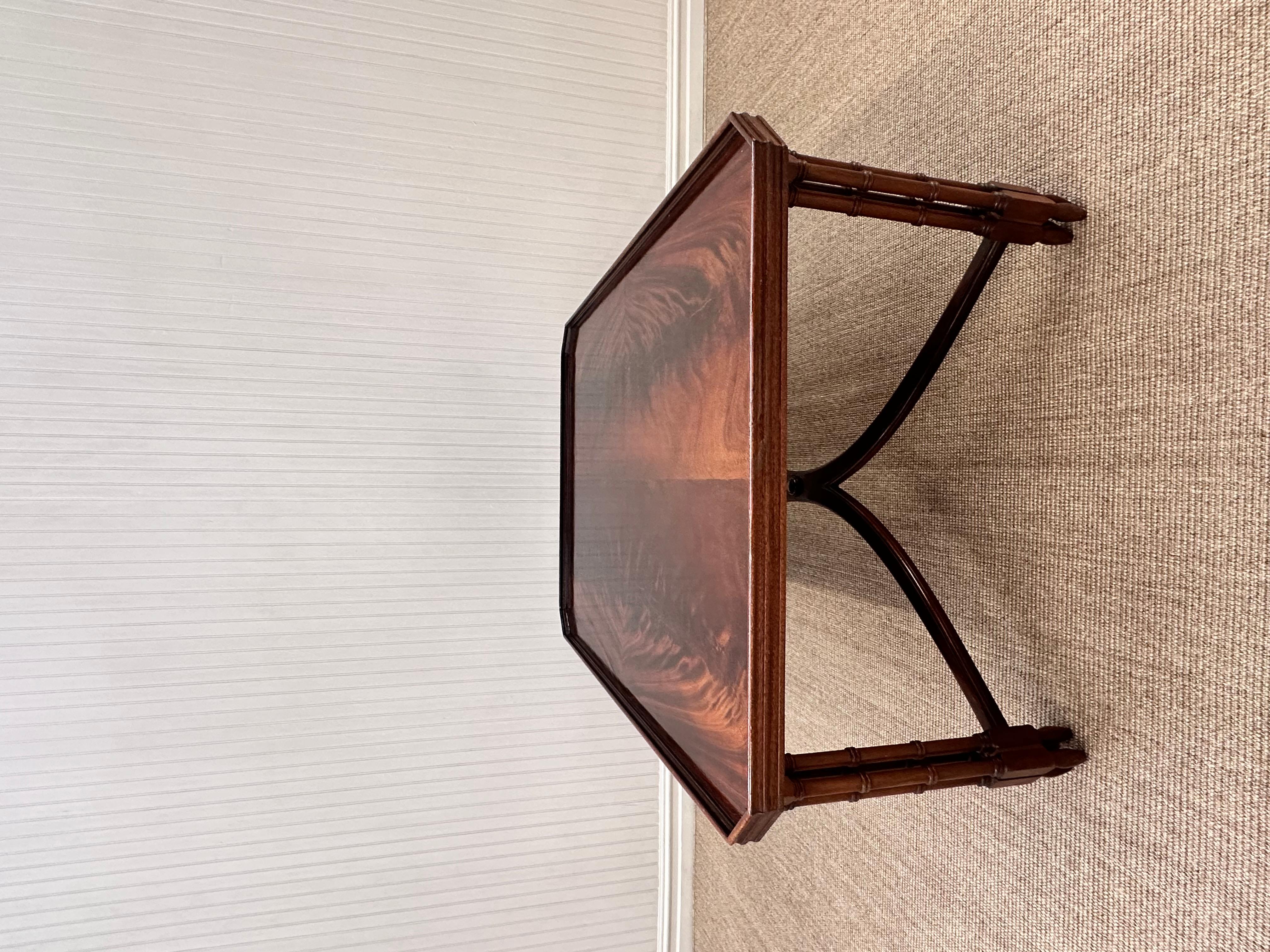 Achetée à un importateur européen qui l'a restaurée et remise en état avant notre achat.  Attribué à la France en bois d'acajou dans un style d'inspiration asiatique.  Le bois foncé riche a une finition brillante qui met en valeur un motif de grain