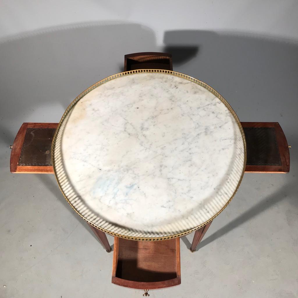 French Mahogany Bouillotte Table with Brass Gallery and Carrara Marble Top 1