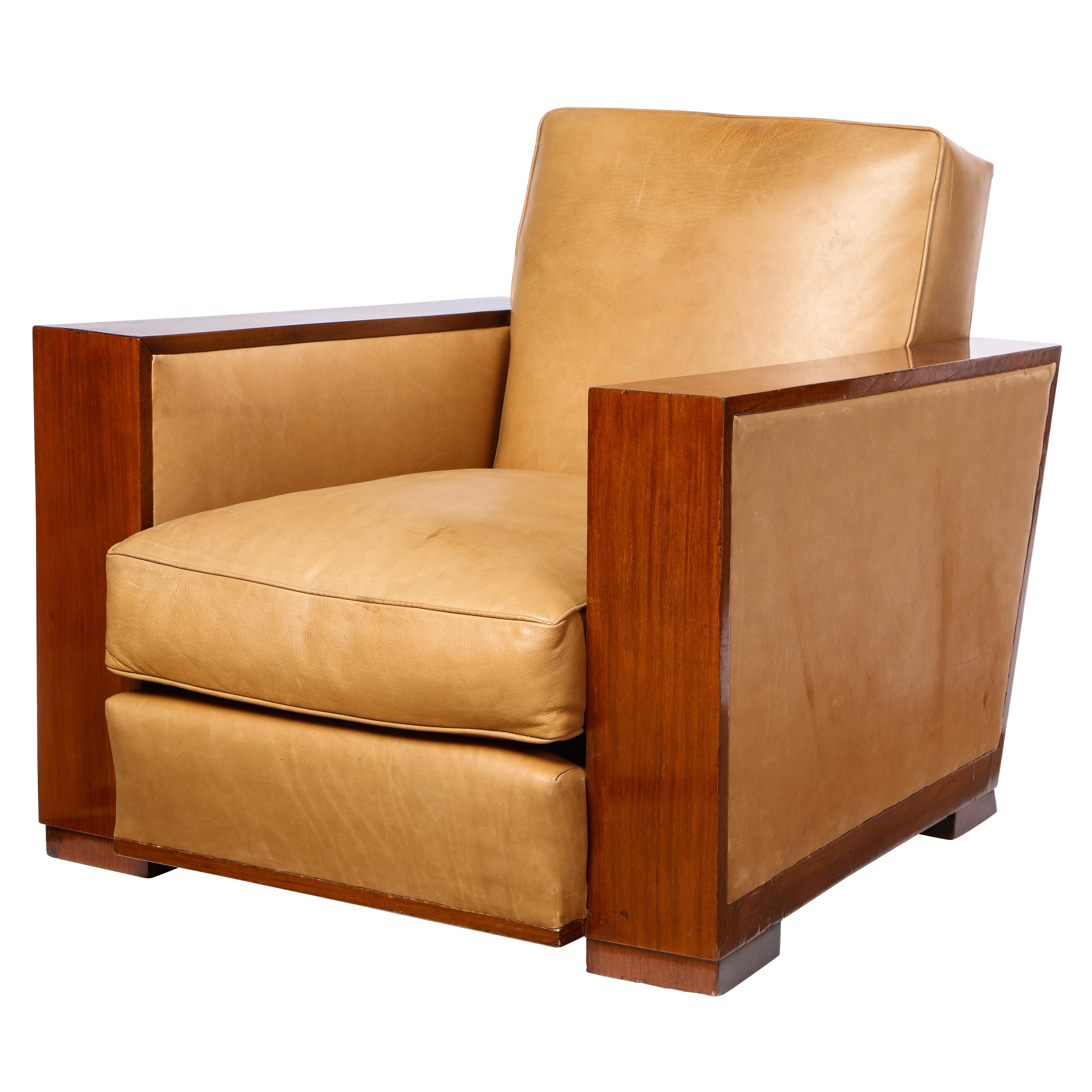 French Mahogany Club Chair with Leather Upholstery, Attributed to Dominique 6