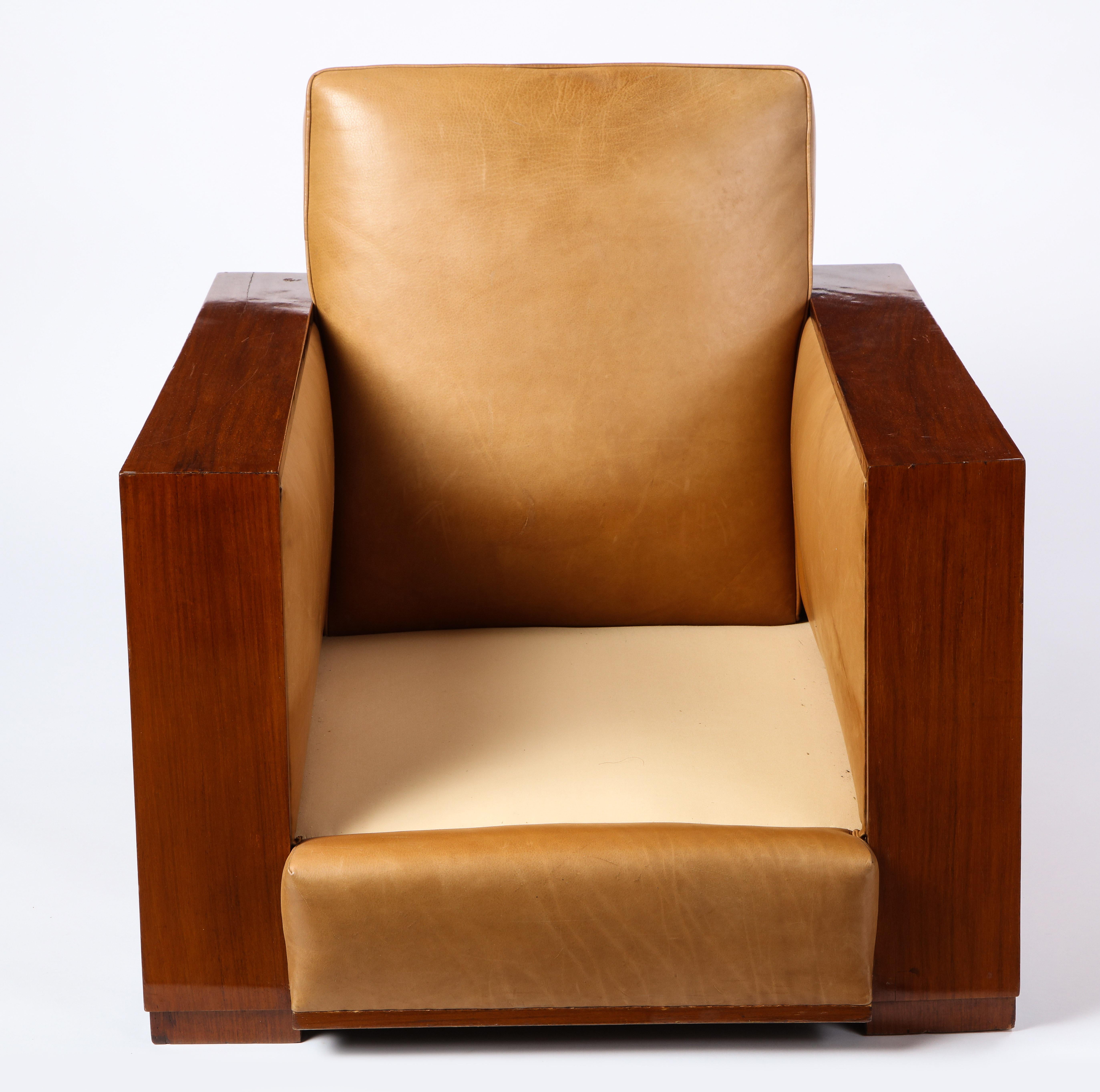 French Mahogany Club Chair with Leather Upholstery, Attributed to Dominique For Sale 9