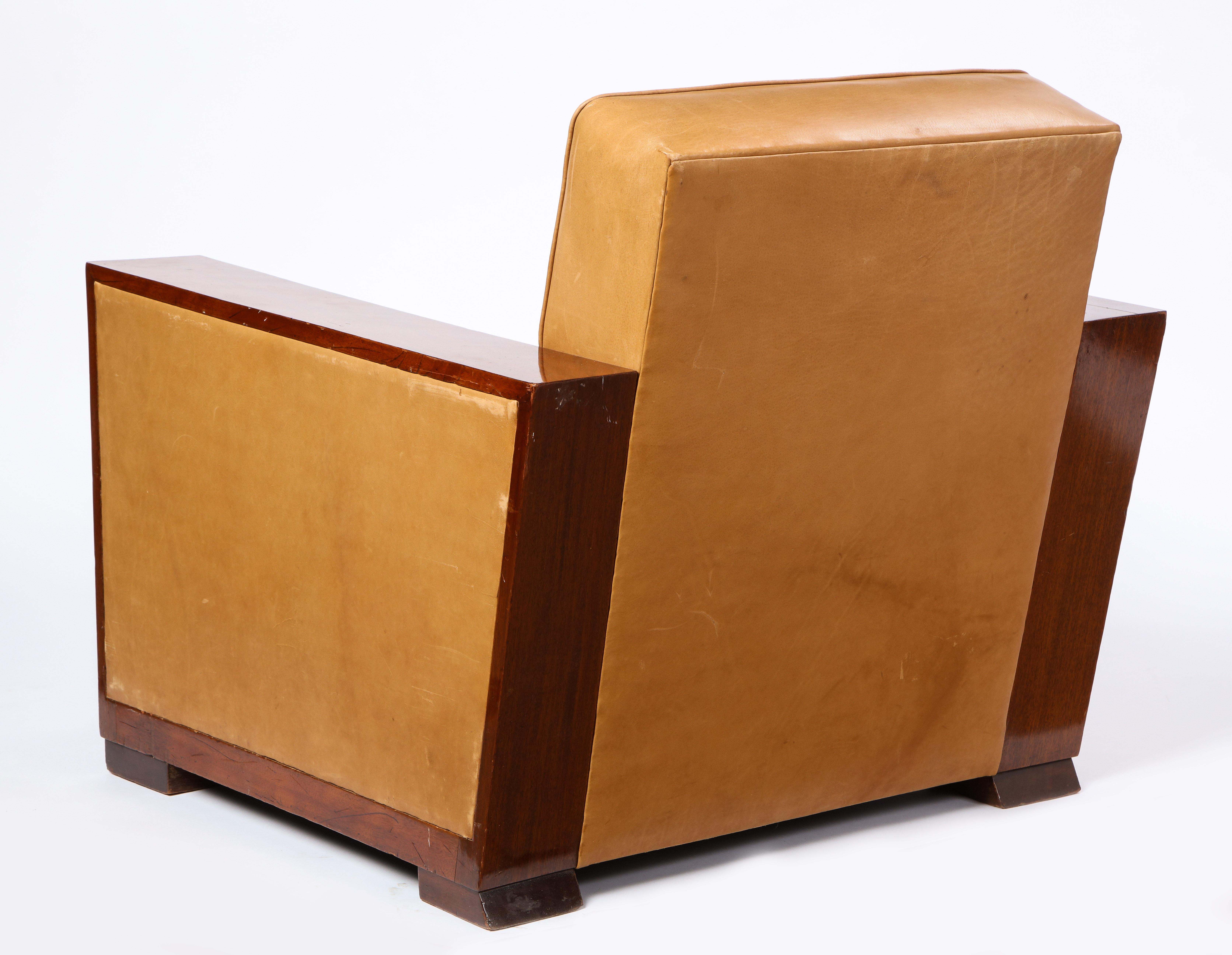 20th Century French Mahogany Club Chair with Leather Upholstery, Attributed to Dominique For Sale