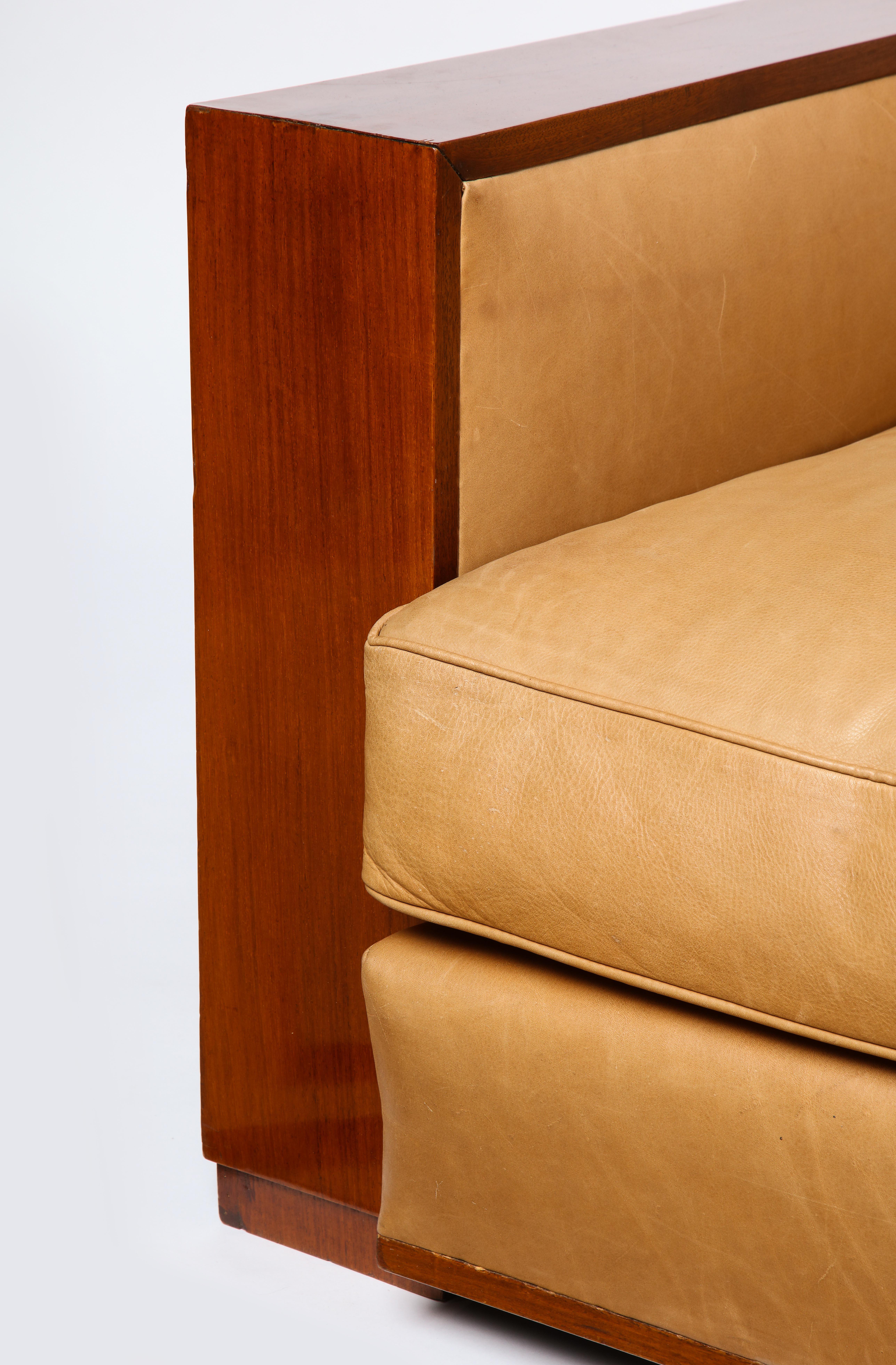 French Mahogany Club Chair with Leather Upholstery, Attributed to Dominique For Sale 1