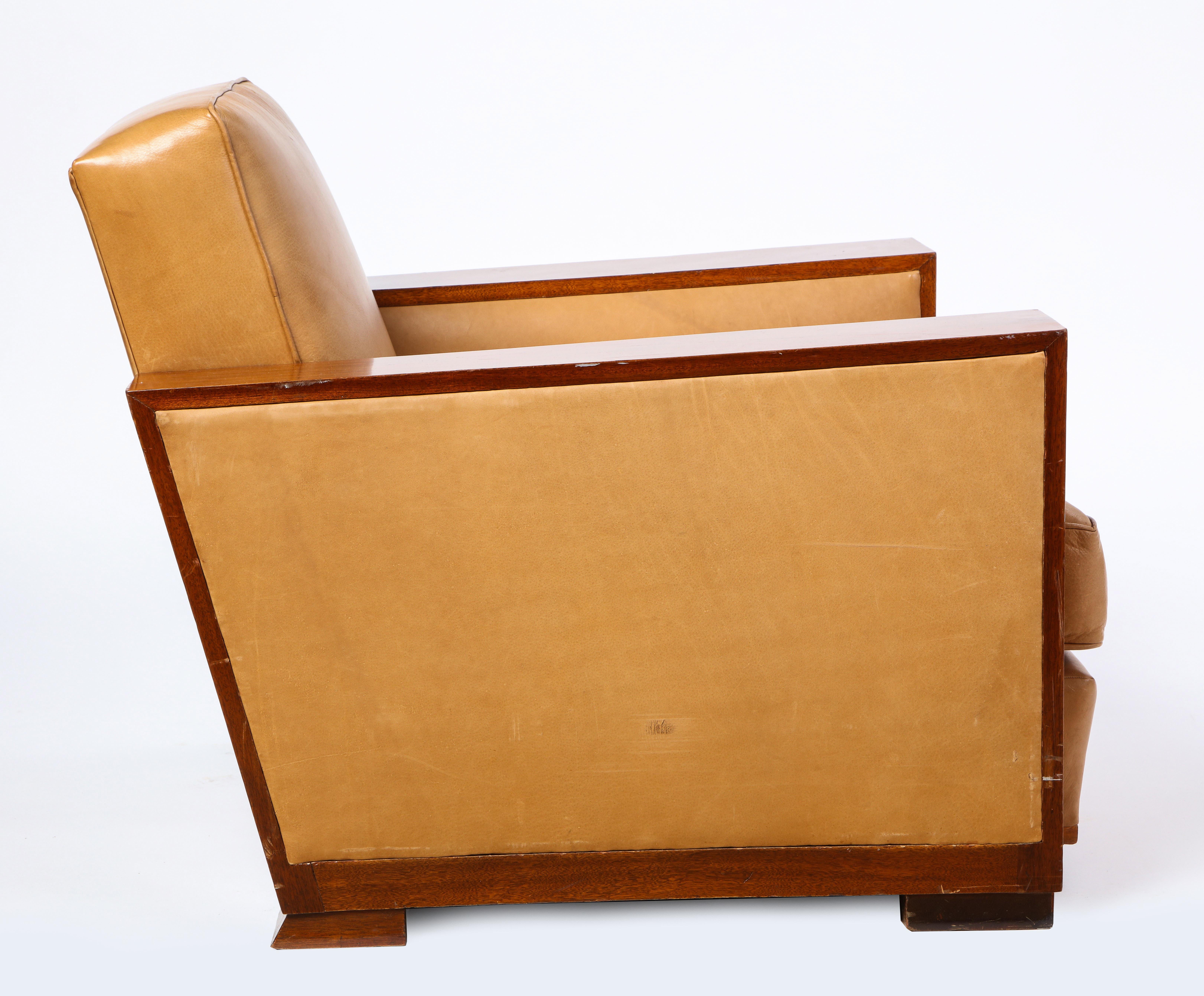 French Mahogany Club Chair with Leather Upholstery, Attributed to Dominique (Leder)