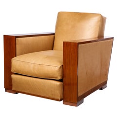 French Mahogany Club Chair with Leather Upholstery, Attributed to Dominique