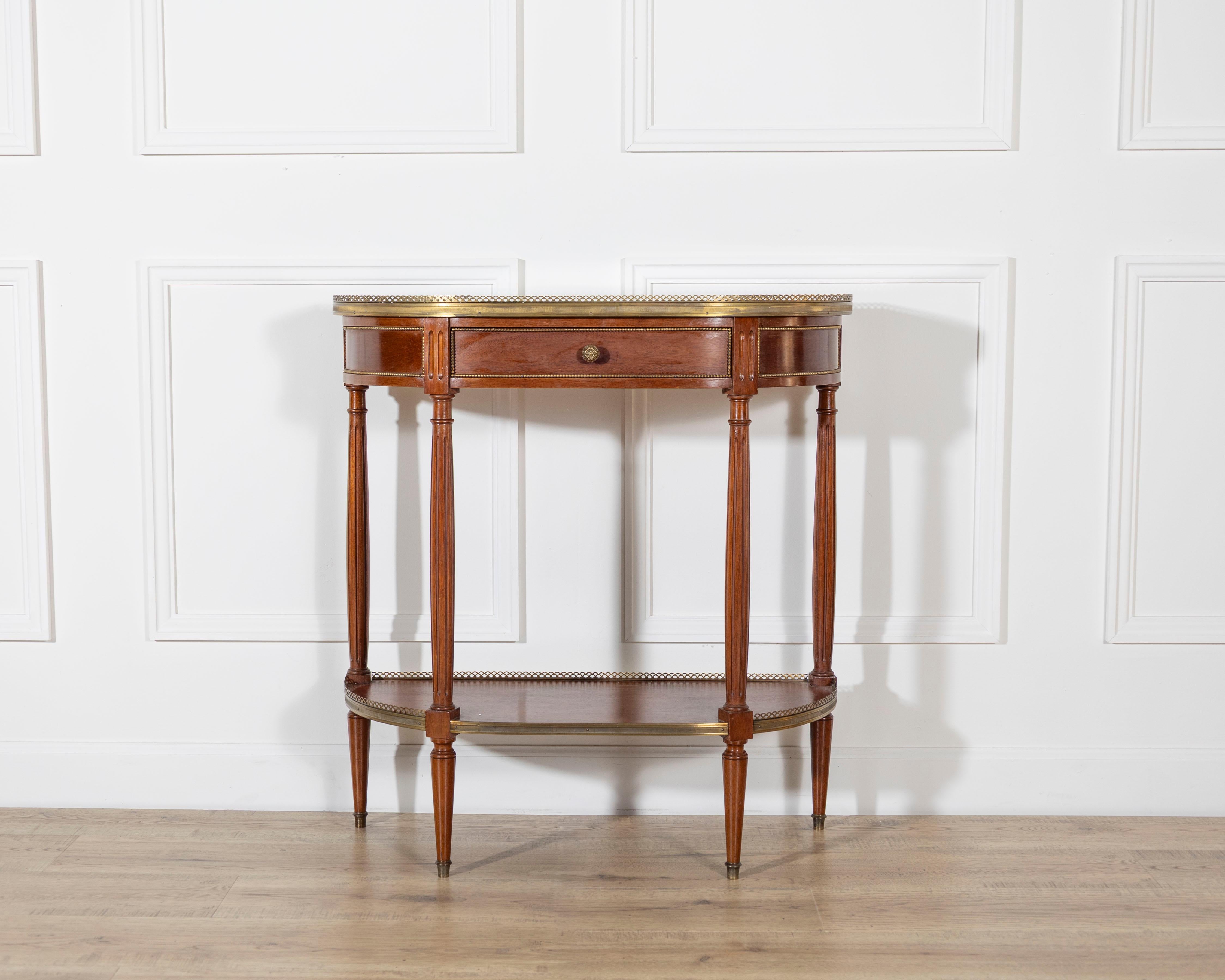 20th Century French Mahogany Console Table with Marble Top and Brass Gallery, Early 20th Cent For Sale