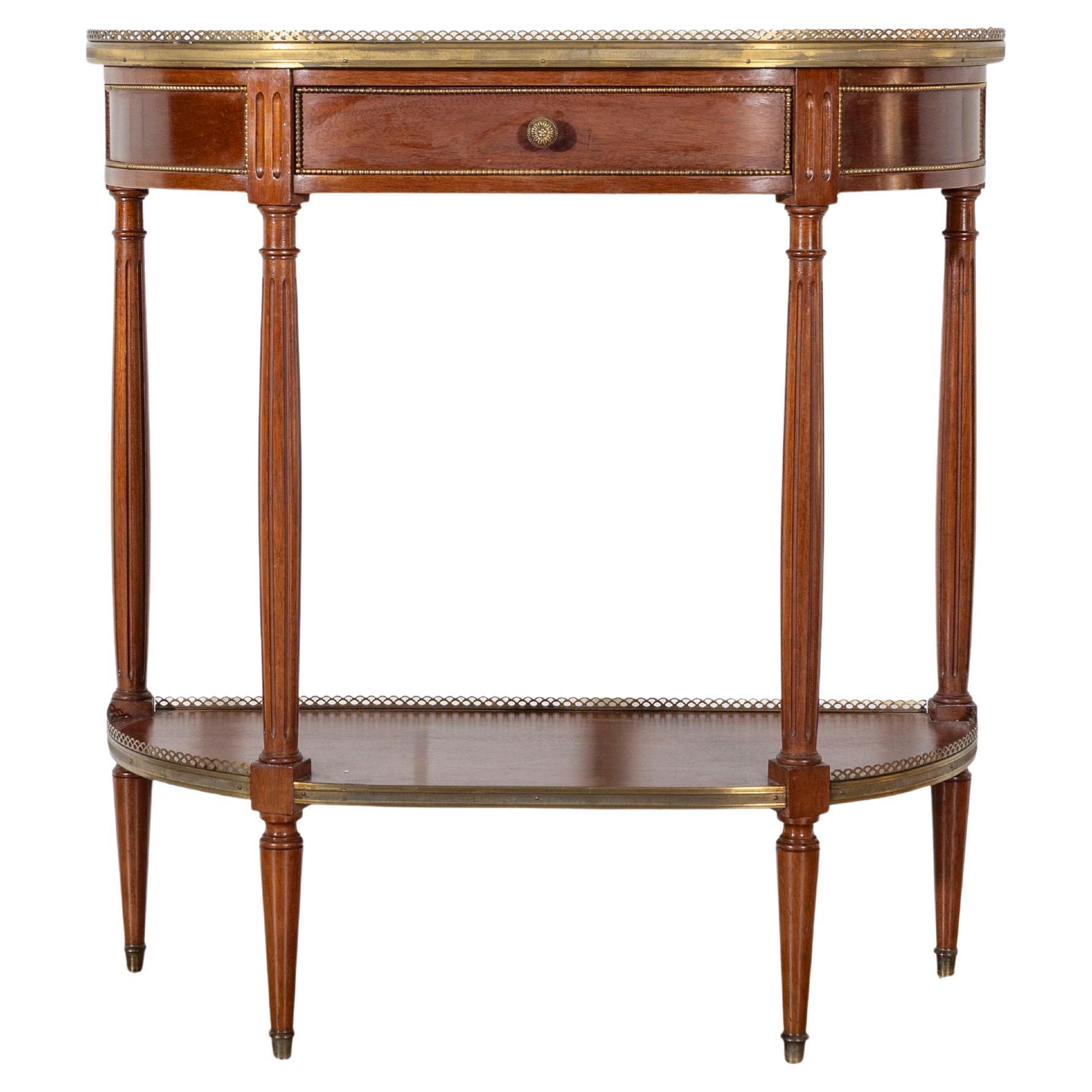 French Mahogany Console Table with Marble Top and Brass Gallery, Early 20th Cent