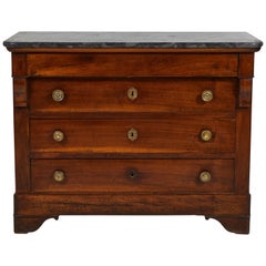 Antique French Mahogany Dresser with Stone Top and Brass Knobs