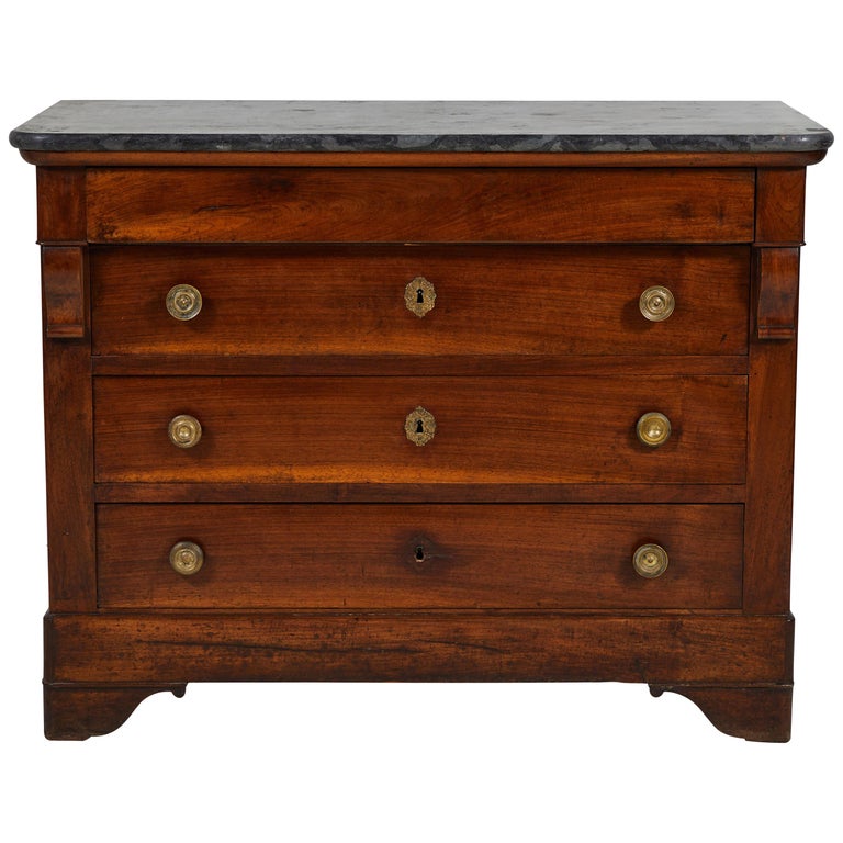 French Mahogany Dresser with Stone Top and Brass Knobs at 1stDibs