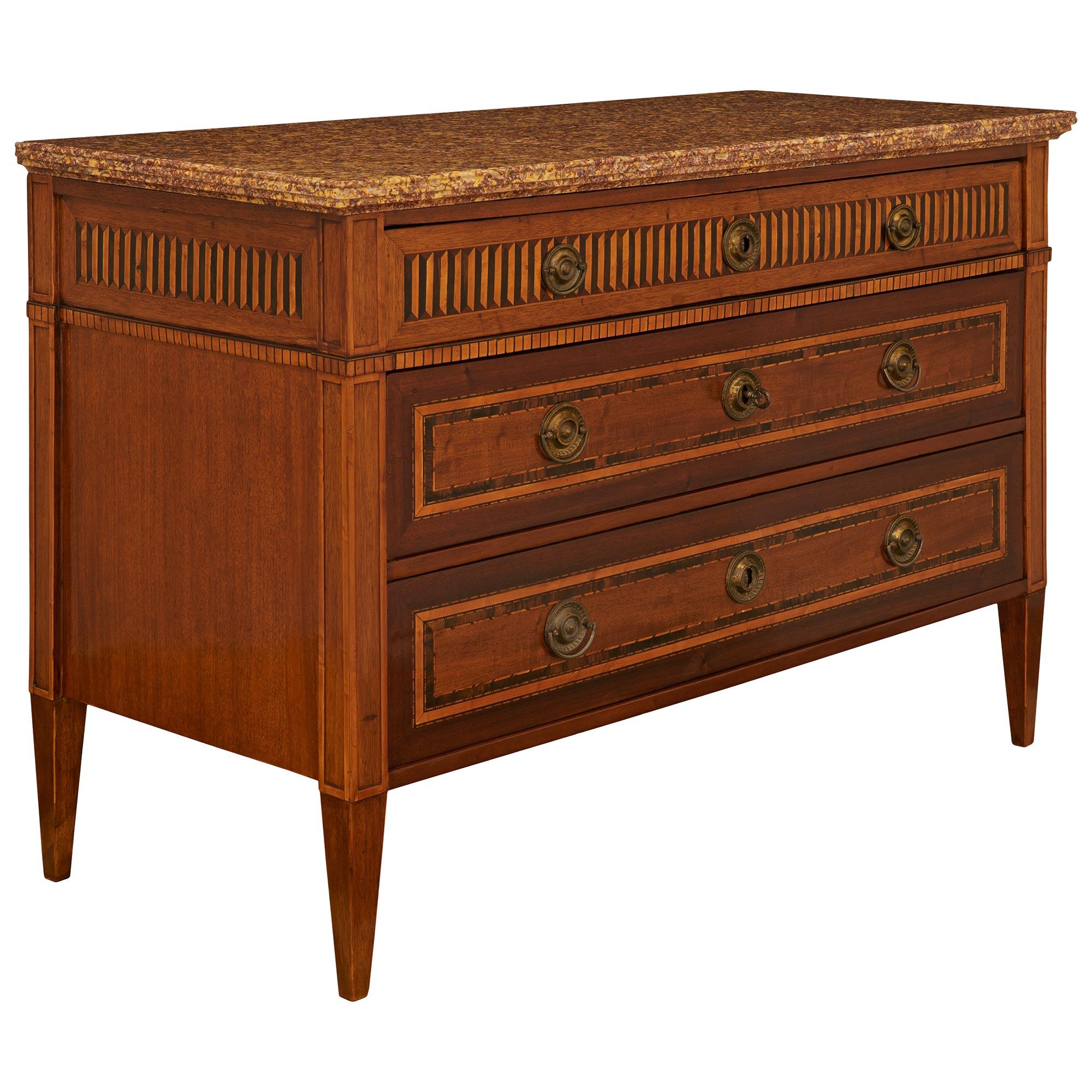 Louis XVI French Mahogany, Fruitwood and Brocatelle D' Espagne Marble Commode For Sale