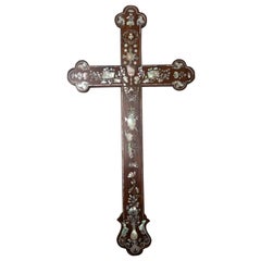 French Walnut Inlaid Wall Crucifix, Late 19th Century