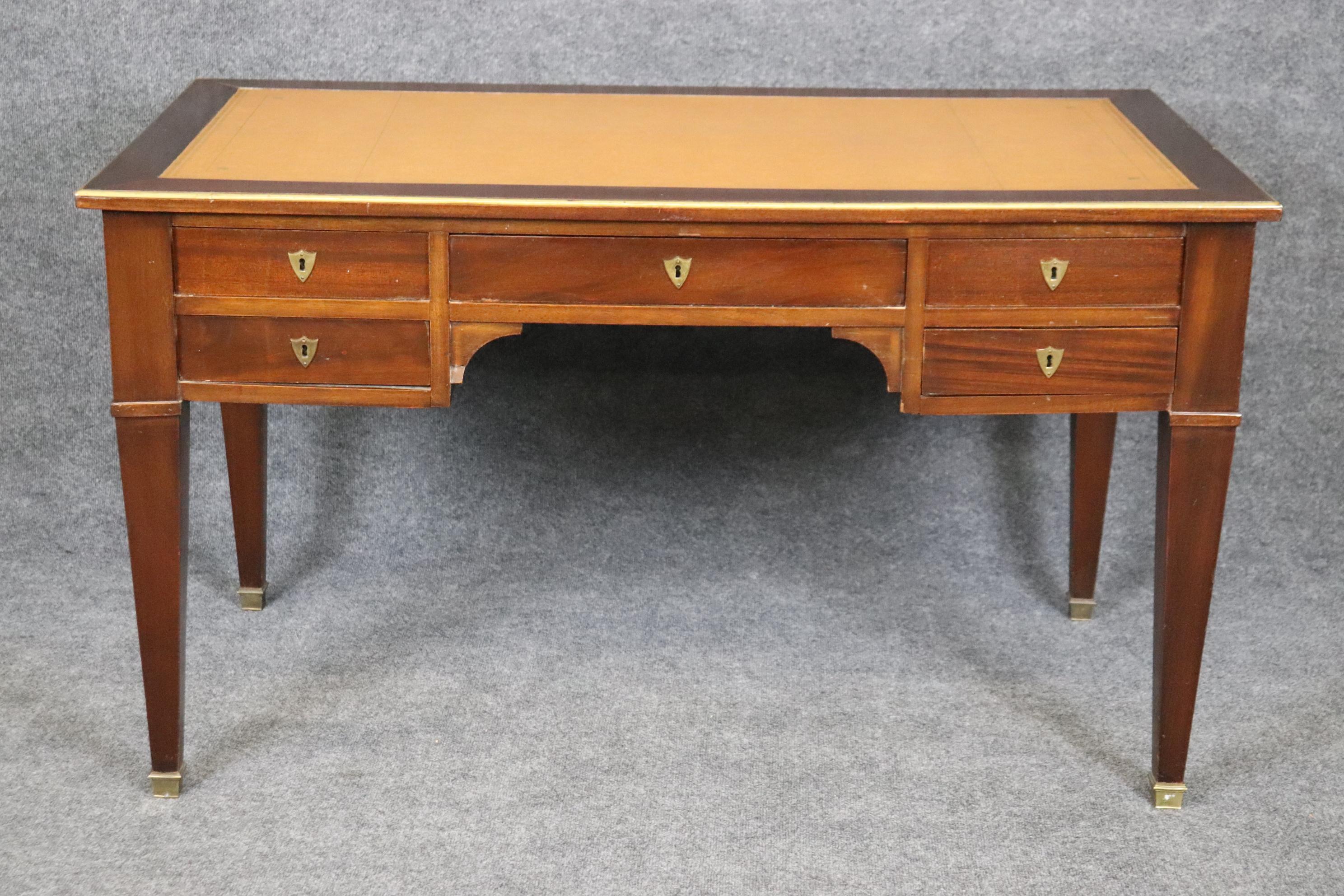 Mid-20th Century French Mahogany Leather Top Directoire Writing Desk with Pull Out Trays For Sale