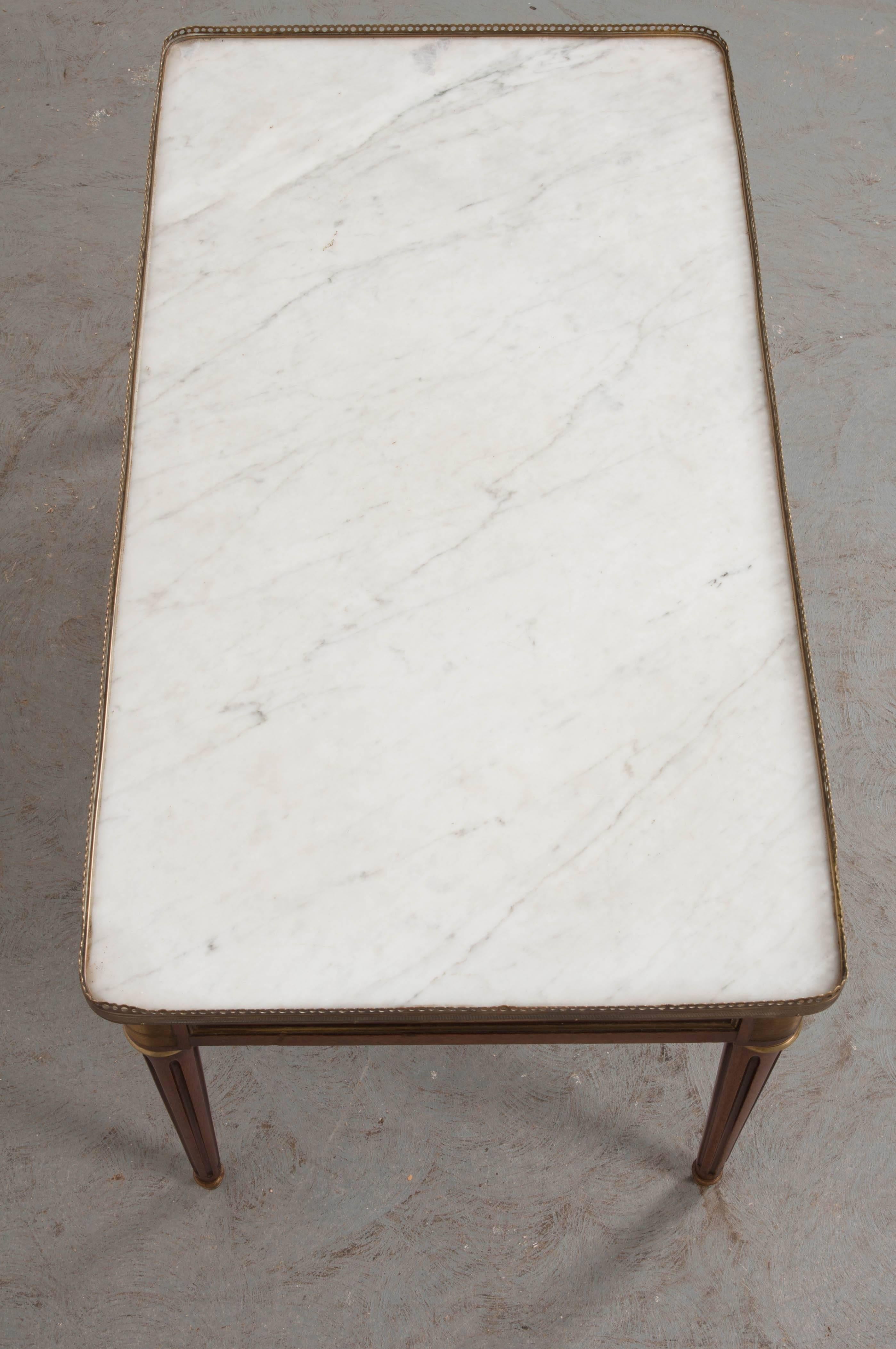 Patinated French Mahogany Louis XVI Style Coffee Table with Marble Top