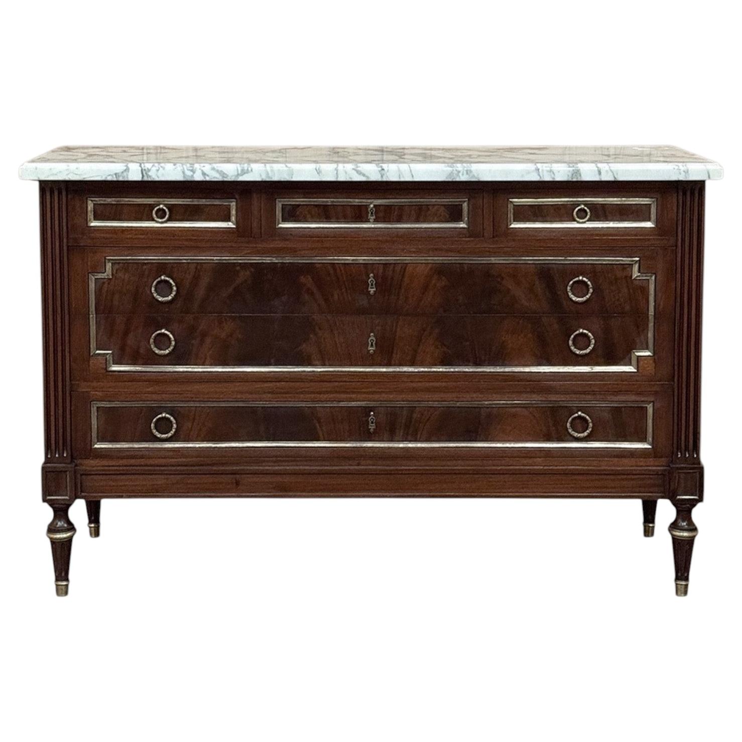 French Mahogany Louis XVI Style Commode with Carrara Marble Top