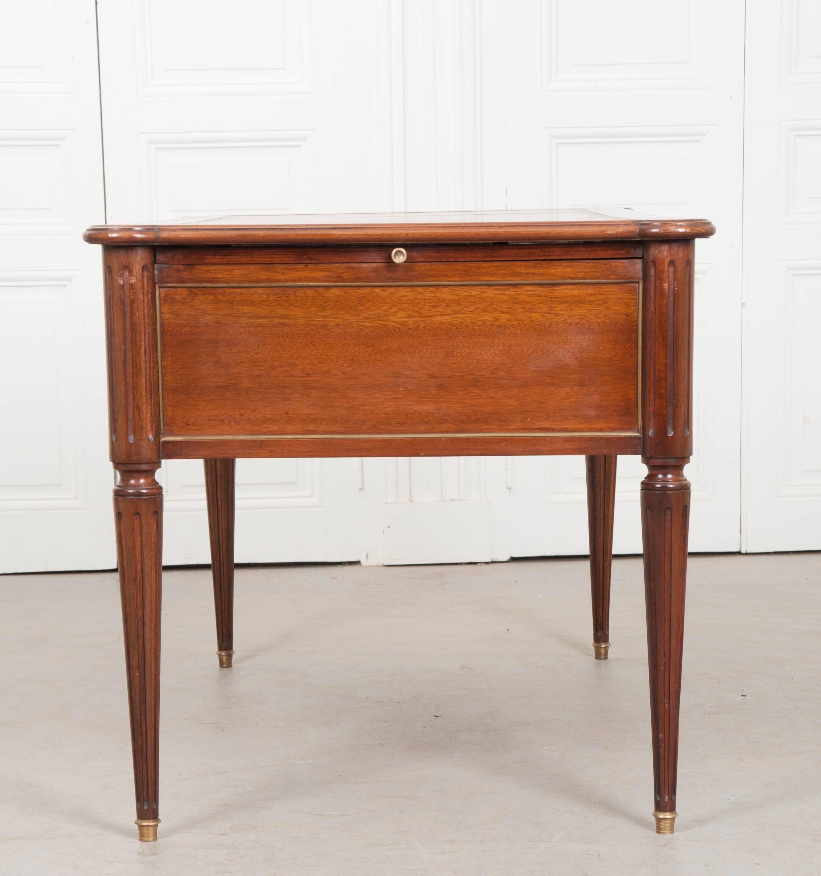 Brass French Mahogany Louis XVI Style Leather Top Desk