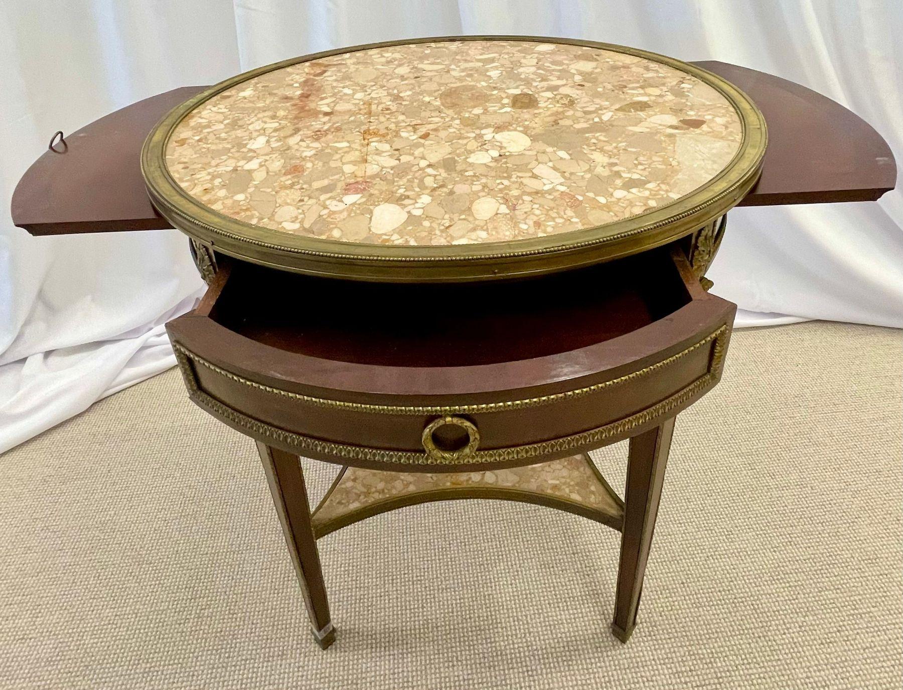 French Mahogany Louis XVI Style Marble Top Bouillotte Table, Bronze Mounted For Sale 9