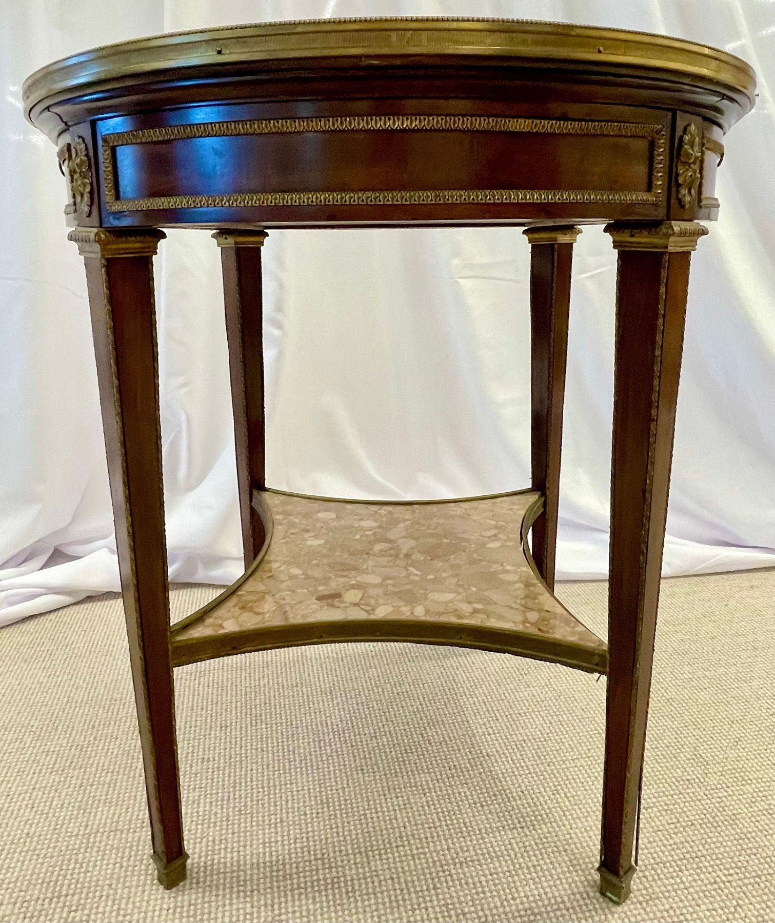 French Mahogany Louis XVI Style Marble Top Bouillotte Table, Bronze Mounted In Good Condition For Sale In Stamford, CT