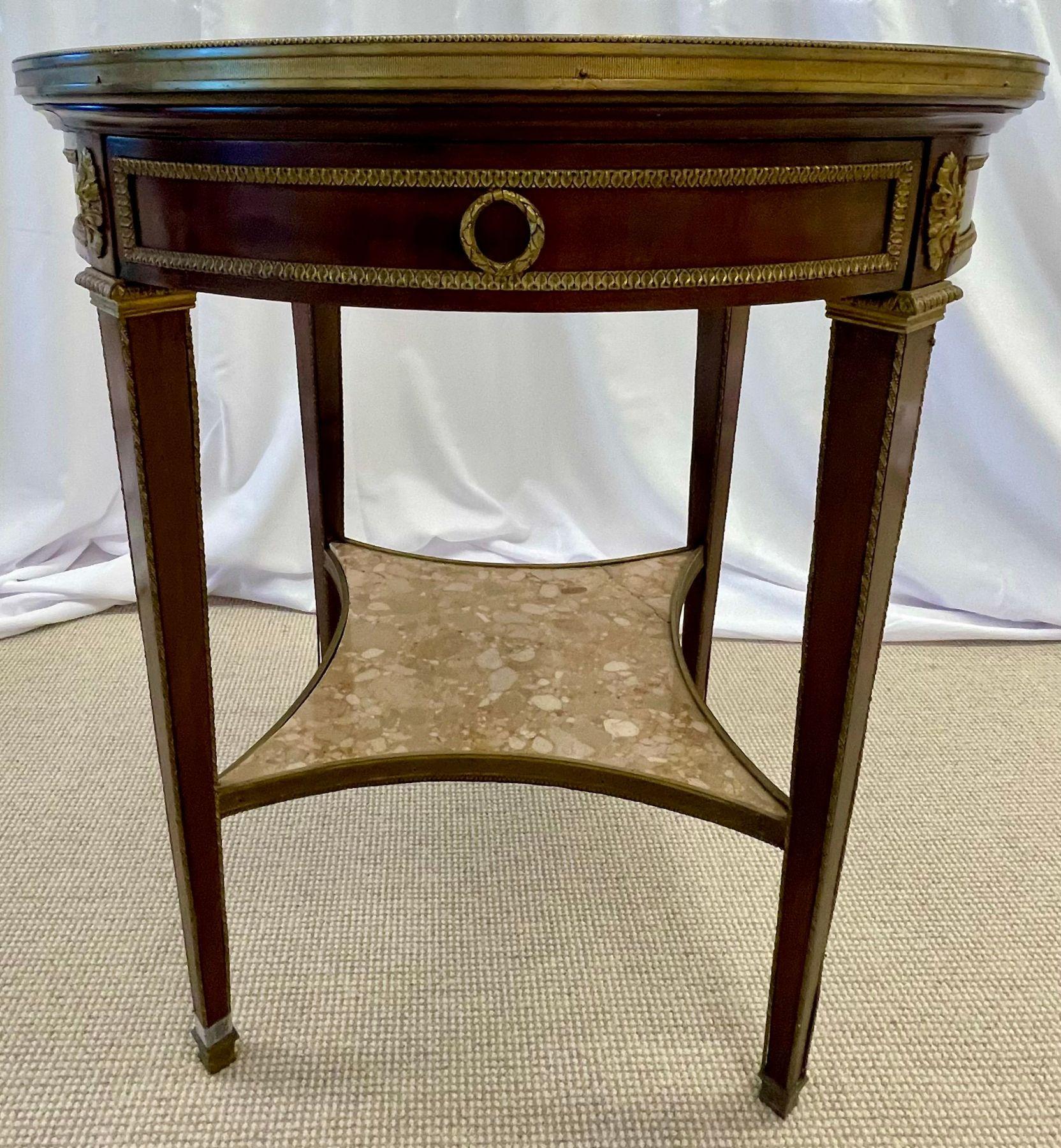 French Mahogany Louis XVI Style Marble Top Bouillotte Table, Bronze Mounted For Sale 1